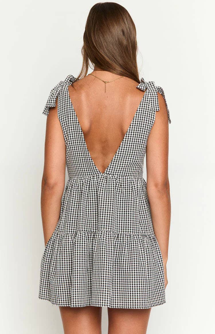 Dipped Shop - Casual Plaid Tie-Strap V-Neck Mini Dress DP25D577: Black / M