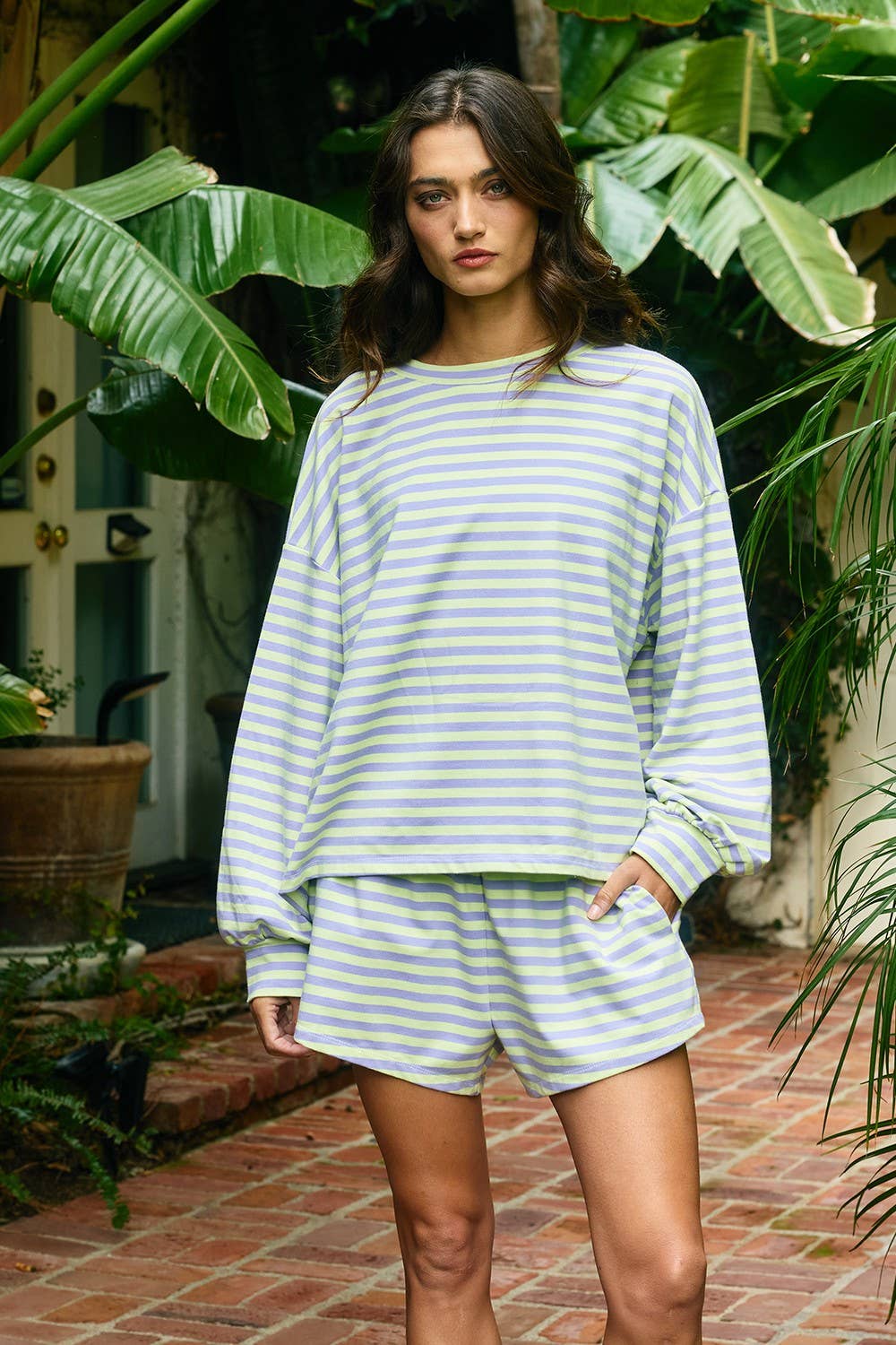 BUCKETLIST INC - IT2819 | Oversized Semi Crop Striped T-shirt Top: GREY/IVORY / S-M-L (2-2-2)