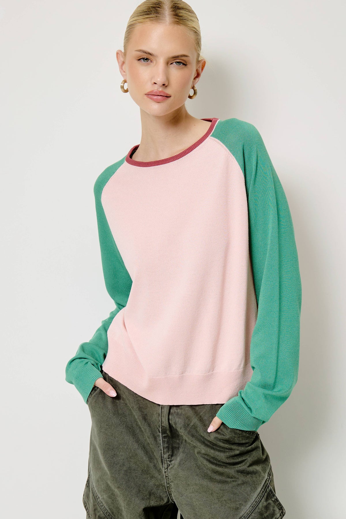 Mimosa - Colorblock Raglan Sleeve Knit Sweater: Lemonade / L
