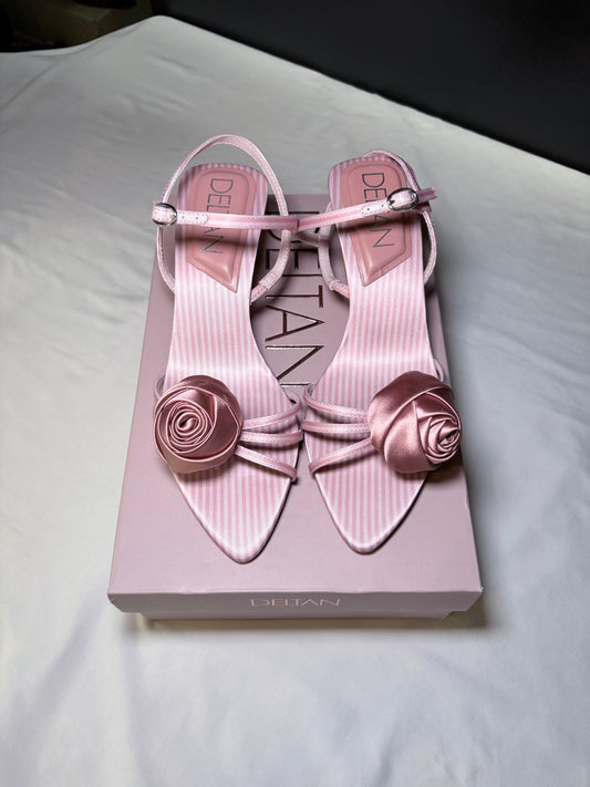 Deltan Pink Satin Rosette Strap Heels, 7.5