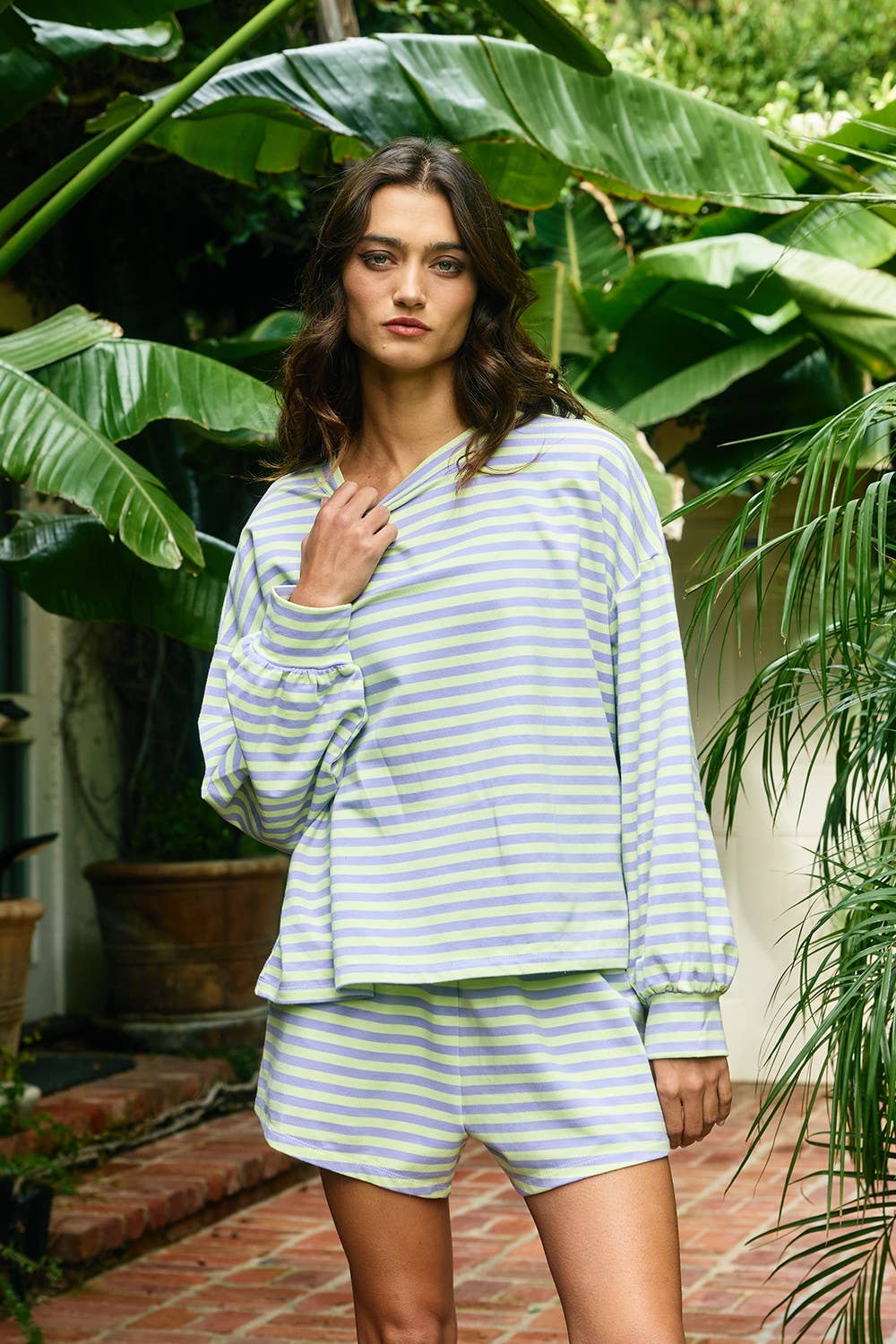 BUCKETLIST INC - IT2819 | Oversized Semi Crop Striped T-shirt Top: GREY/IVORY / S-M-L (2-2-2)