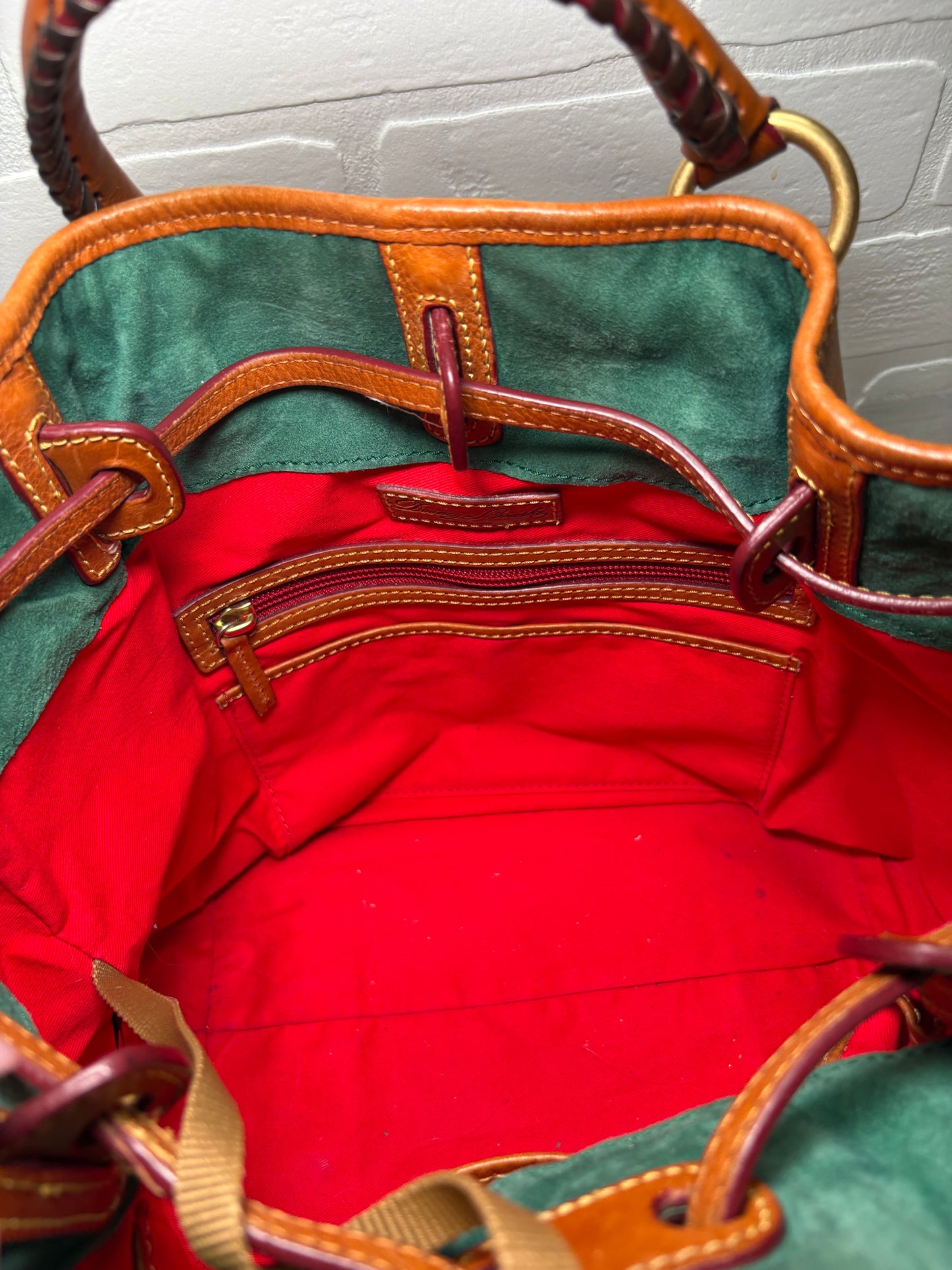 Dooney & Bourke Brown Leather Drawstring Bucket Bag with Tassels