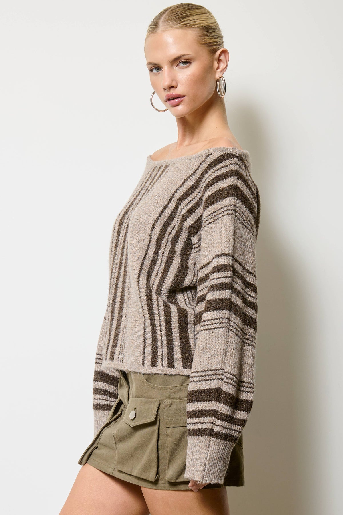 Mimosa - Striped Off Shoulder Knit Sweater: Dijon / L