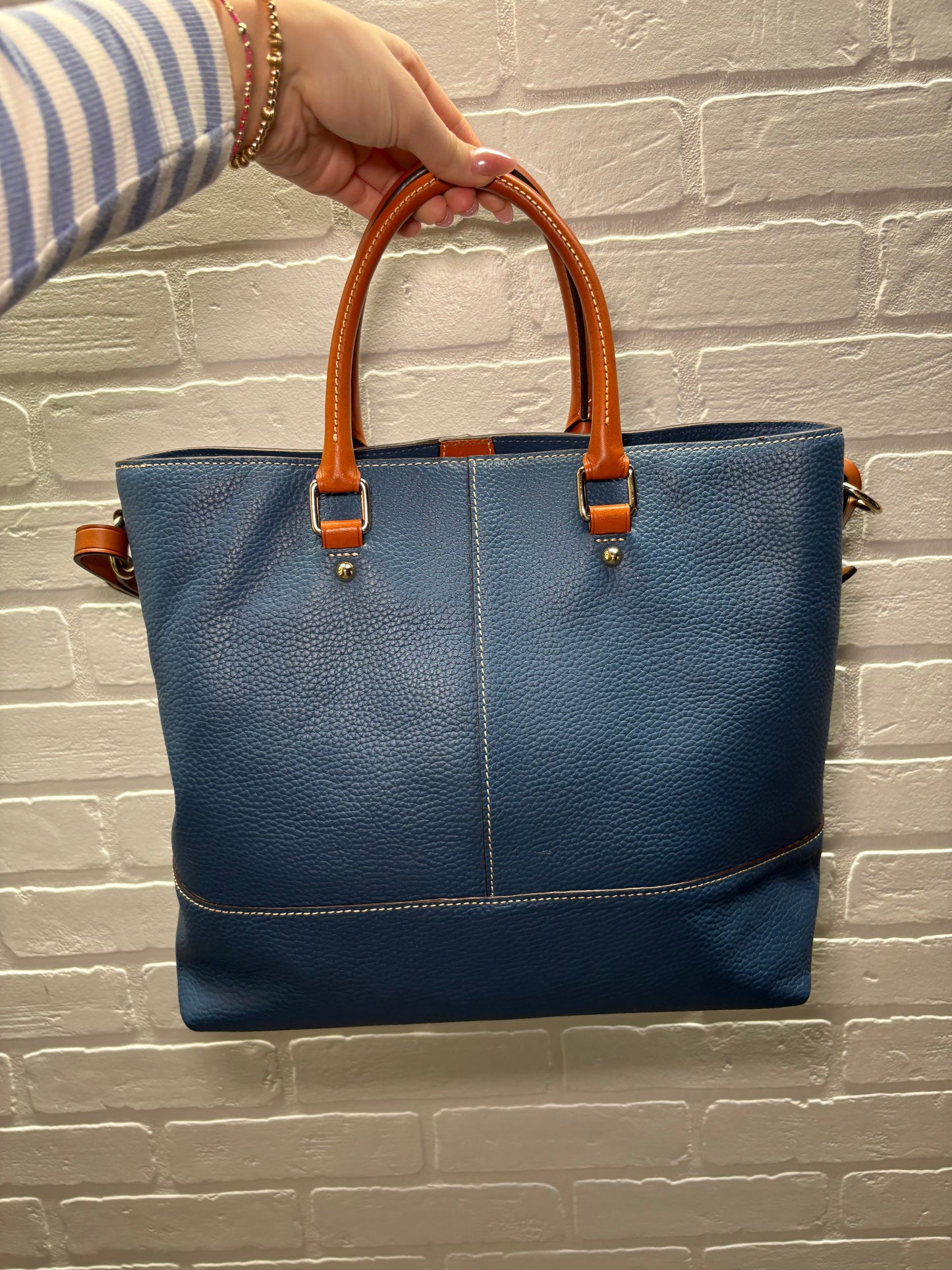 Dooney & Bourke Blue Pebbled Leather Tote with Tan Trim