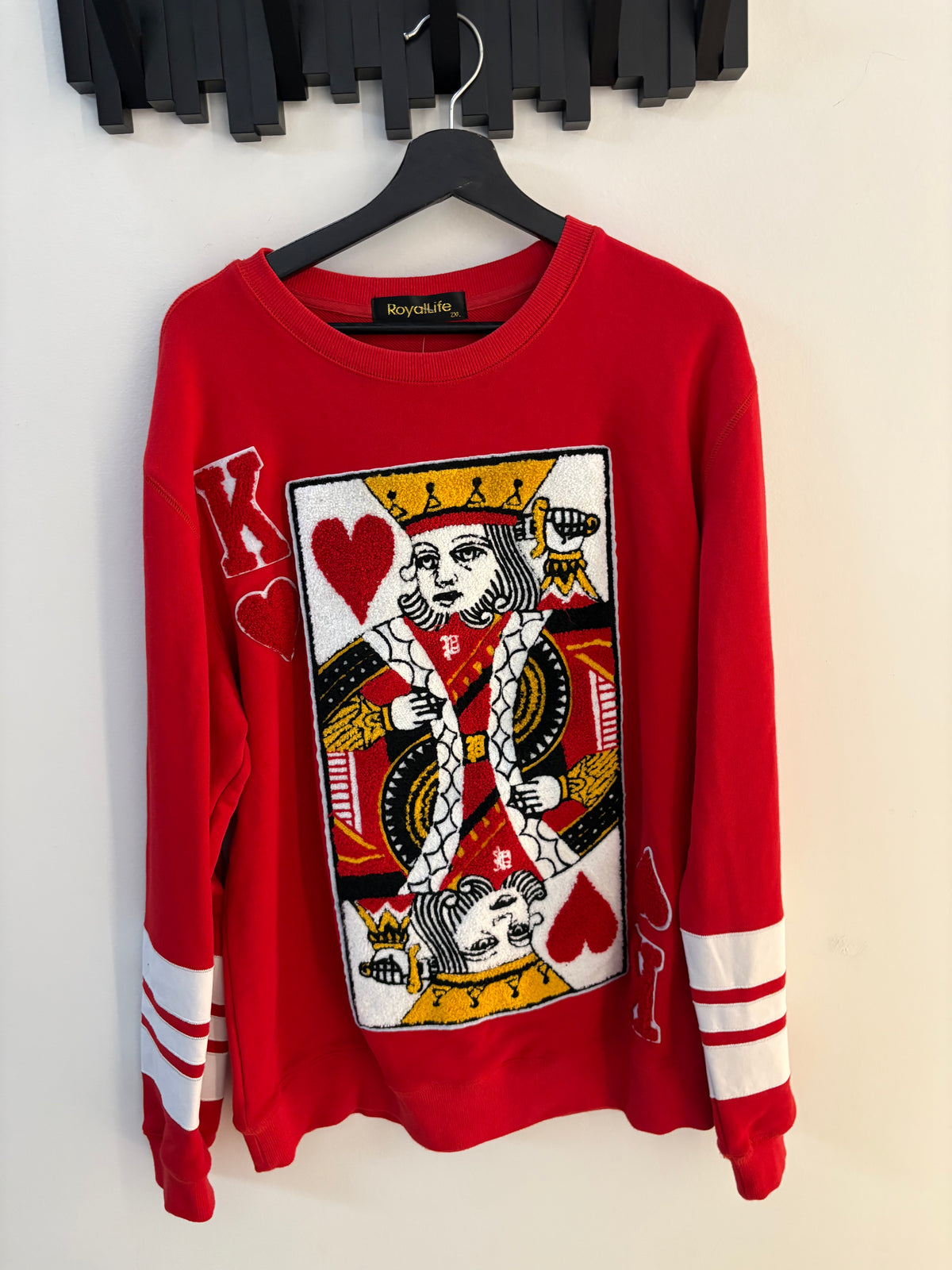 RoyalLife King of Hearts Chenille Graphic Crewneck Sweatshirt Red