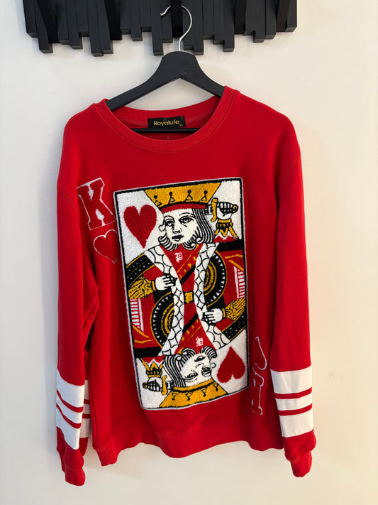 RoyalLife King of Hearts Chenille Graphic Crewneck Sweatshirt Red