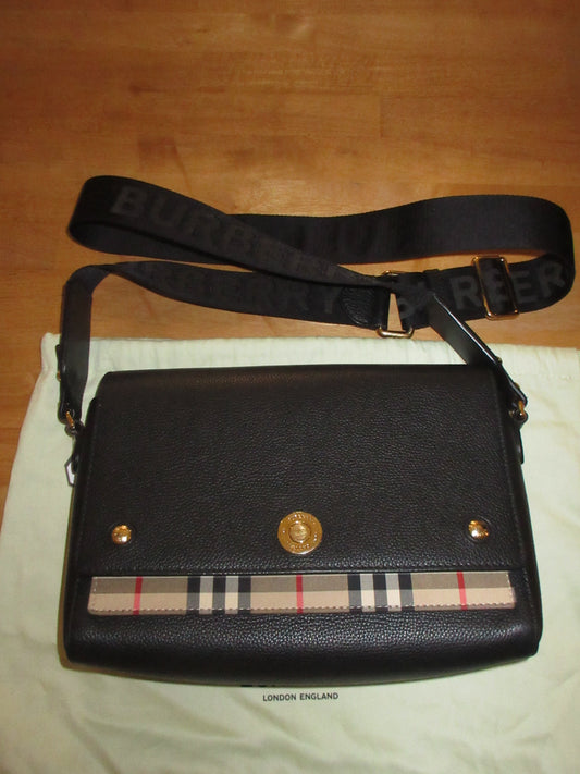 Burberry Hampshire Leather Crossbody Bag – Black with Vintage Check Trim
