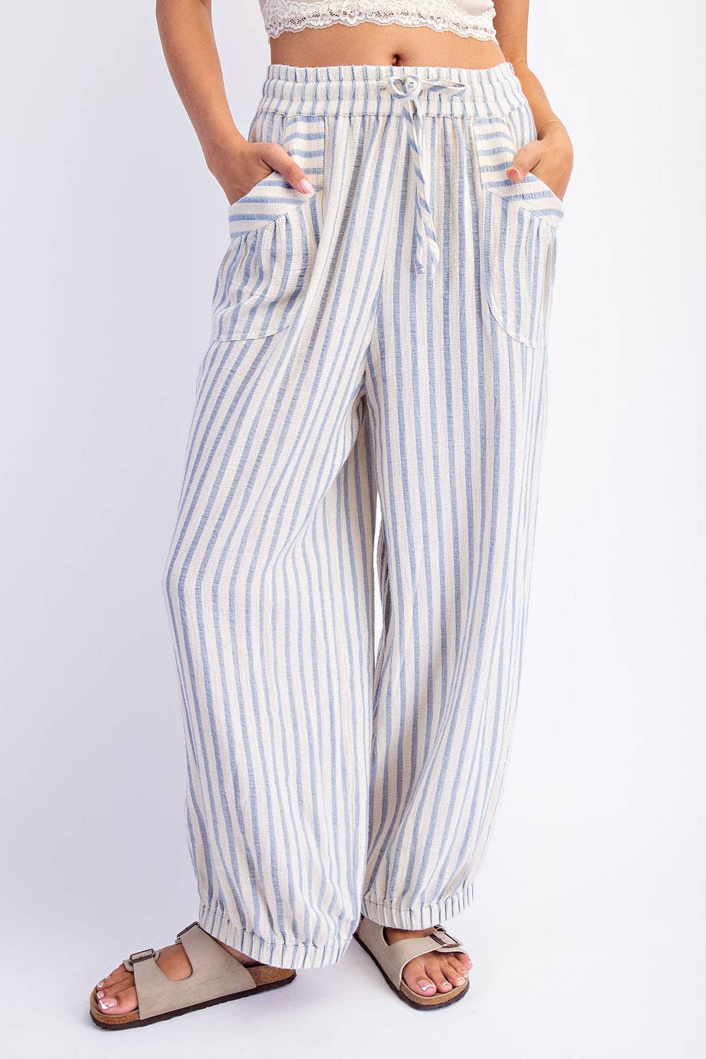 COTIERRA - STRIPE SOFT WASH LINEN BLENDED PANTS: Pink/Natural / S-M-L(2-2-2)