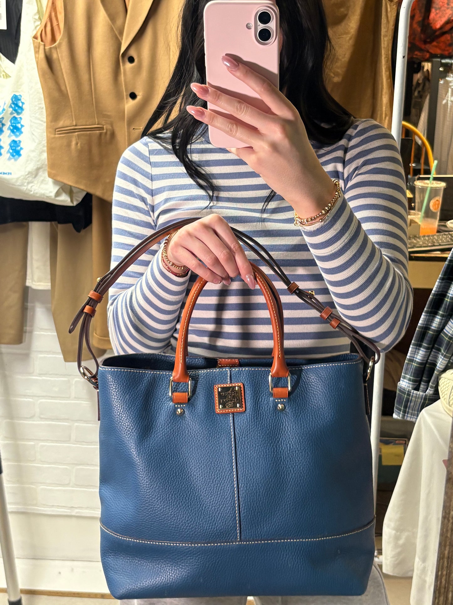 Dooney & Bourke Blue Pebbled Leather Tote with Tan Trim