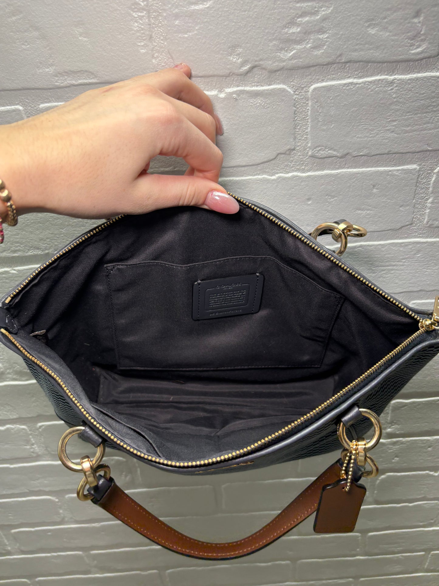 Coach Navy & Black Woven Signature Tote with Leather Trim