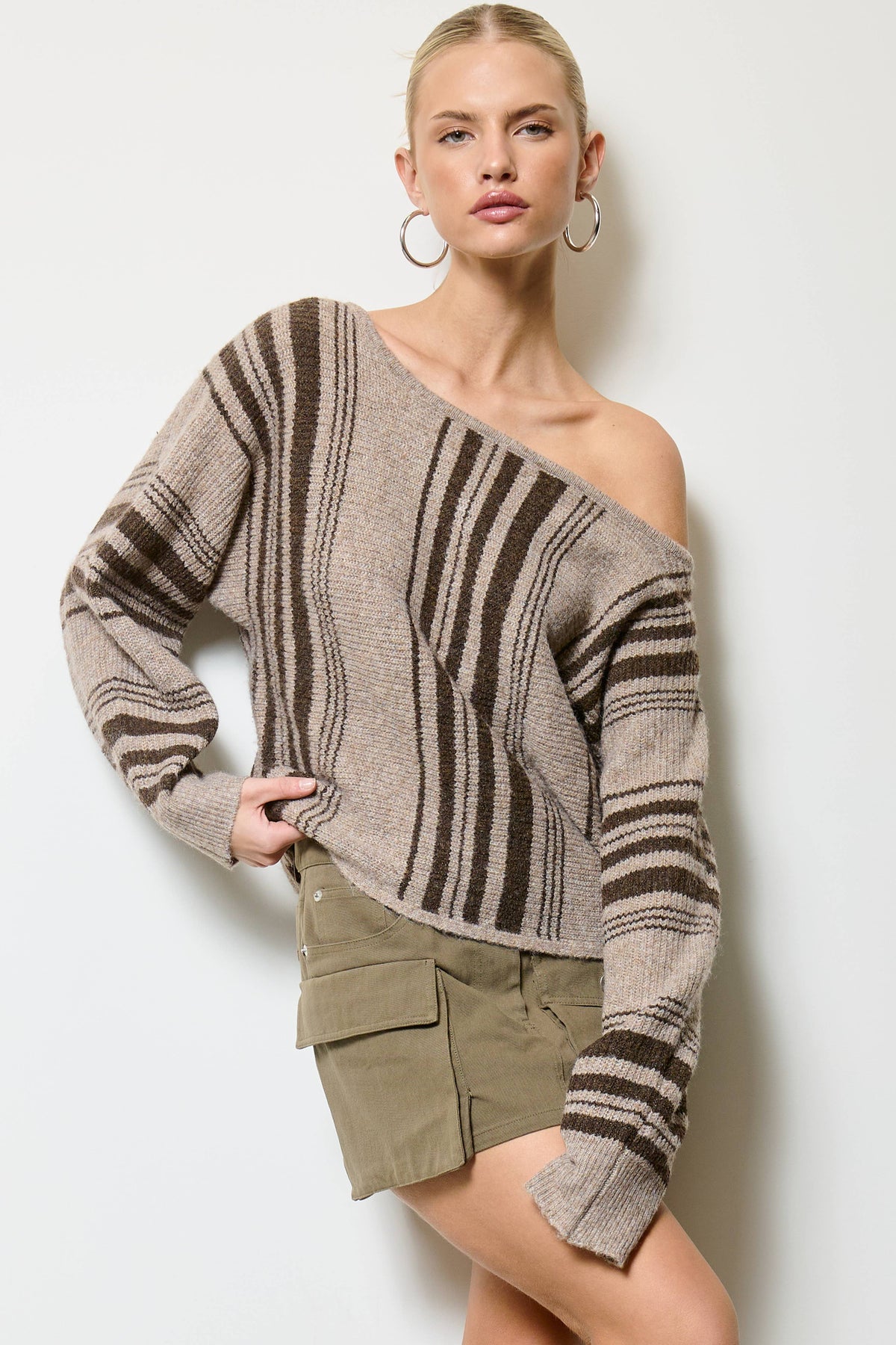 Mimosa - Striped Off Shoulder Knit Sweater: Dijon / L