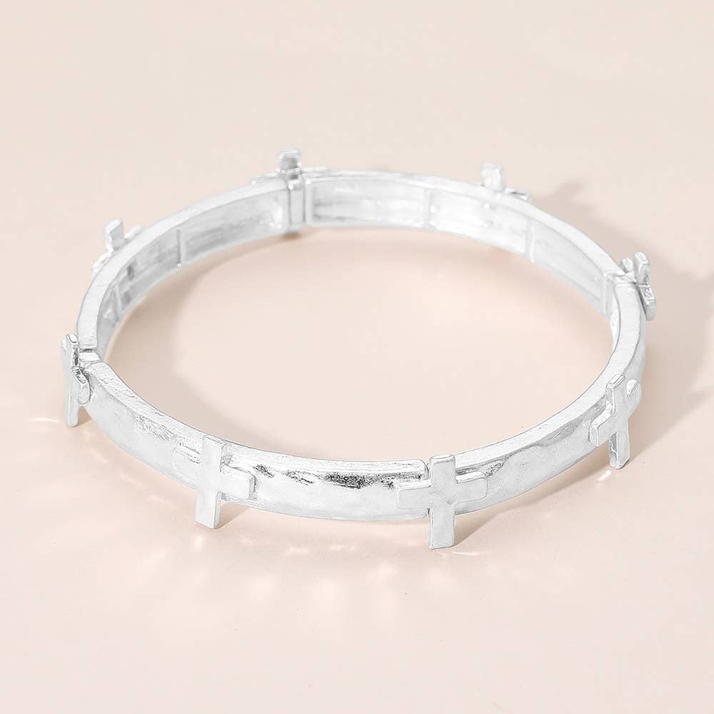 Sensibling Corp. - Hammered Brushed Metal Cross Accent Stretch Bracelet: Worn Gold