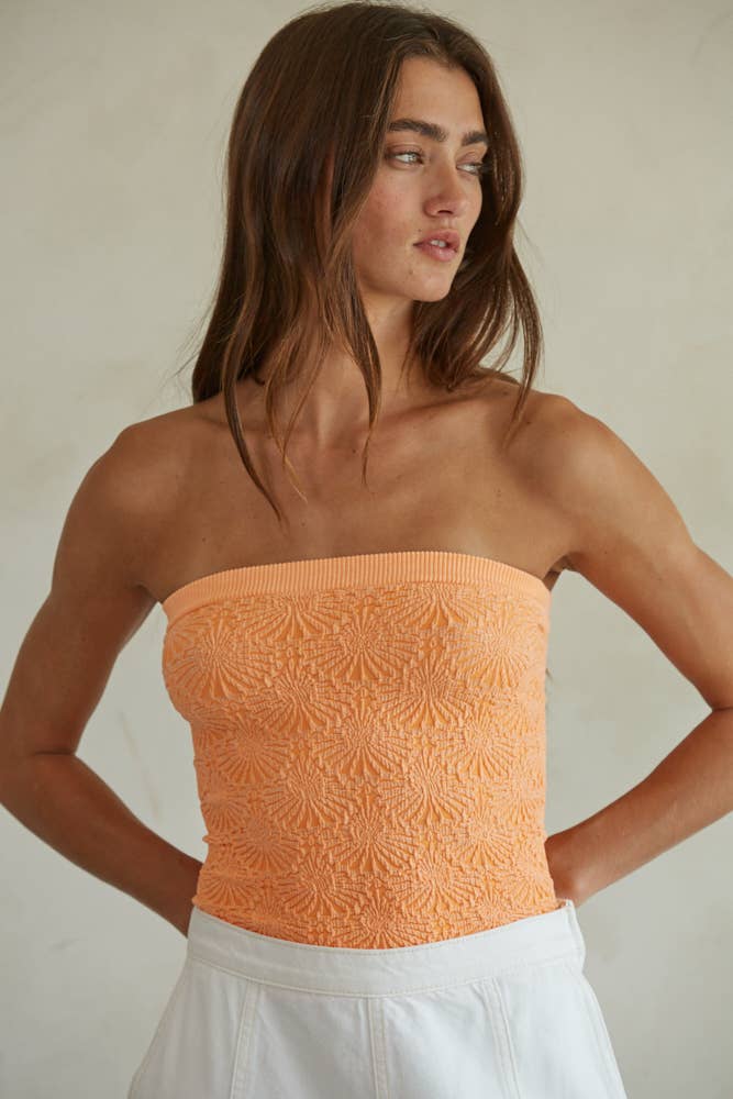 By Together - S1241A | Knit Modal Nylon Spandex Seamless Jacquard Tube Top: Neon Orange / One Size