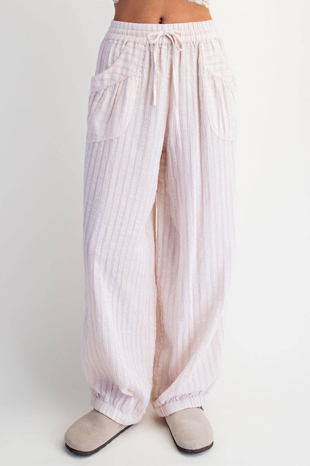 COTIERRA - STRIPE SOFT WASH LINEN BLENDED PANTS: Pink/Natural / S-M-L(2-2-2)
