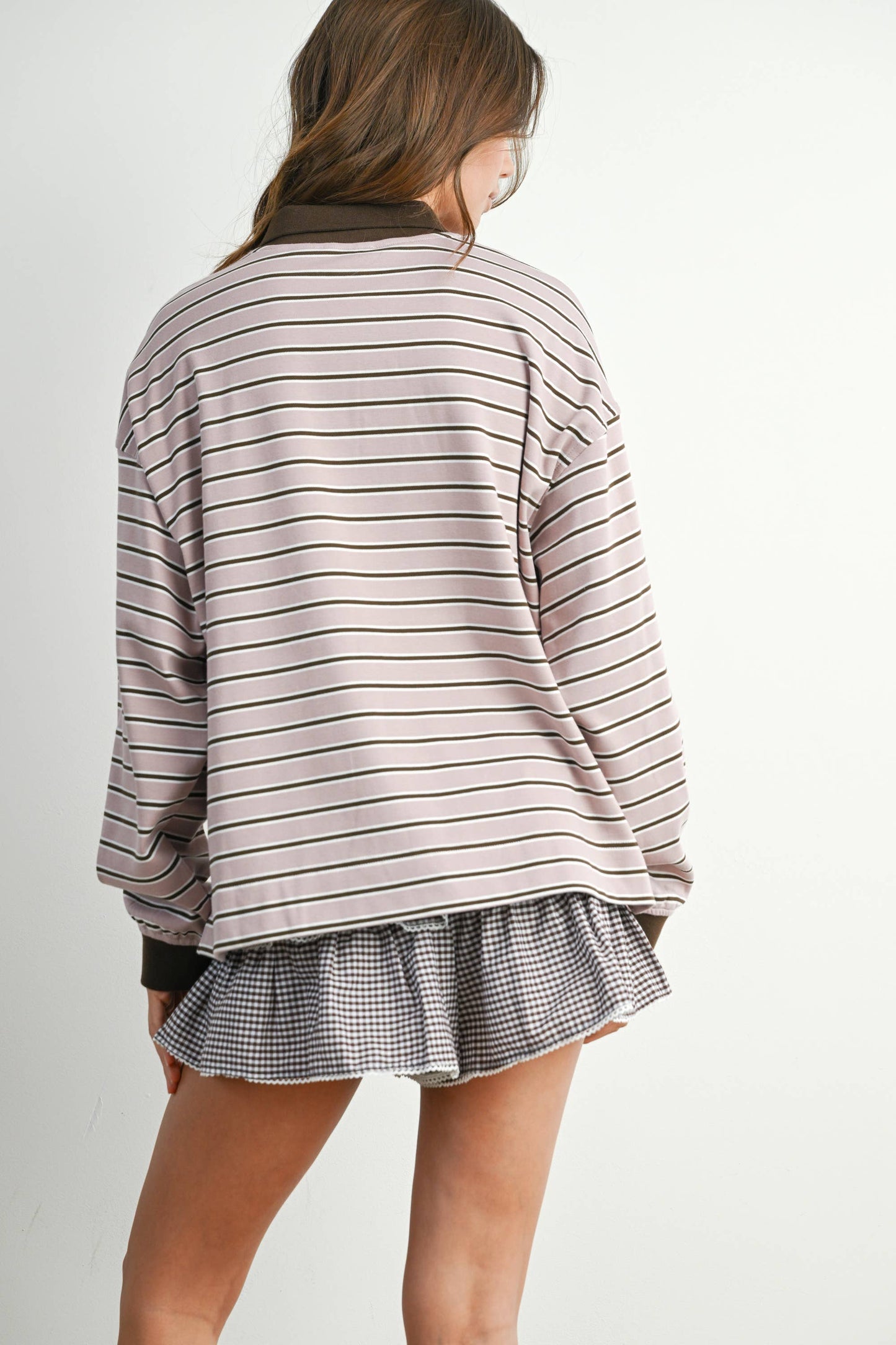 BUTTERMELON - Quarter-Button Striped Collared Long Sleeve Top - BMT7874: IVORY / BLACK / S