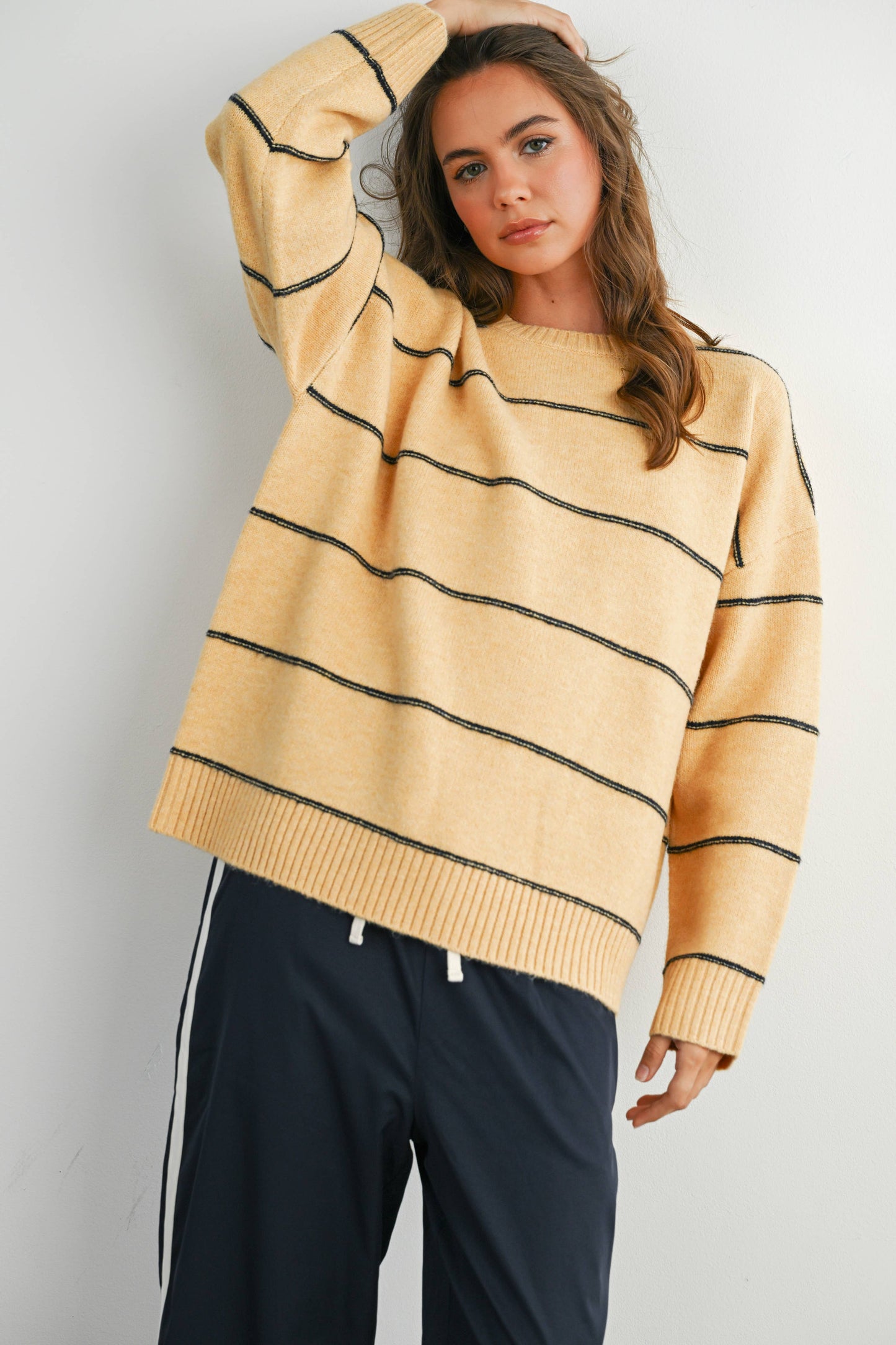 BUTTERMELON - Striped Pattern Drop Shoulder Sweater - BMW7421: MARIGOLD MULTI / L