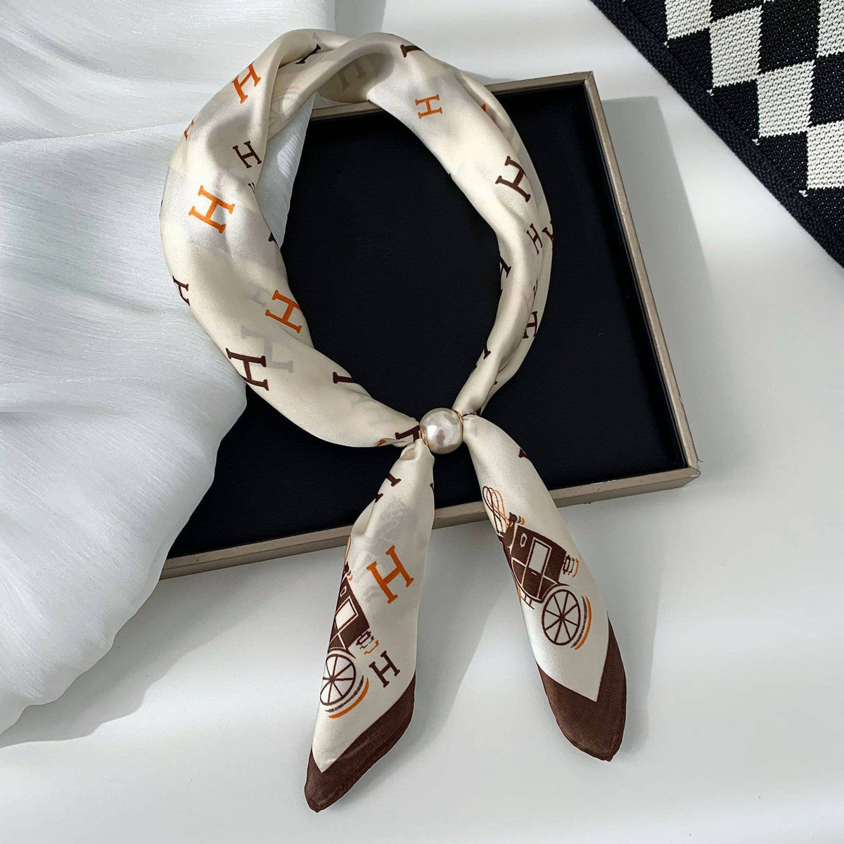 MKS America - Elegant Printed Pearl Magnetic Clasp Scarf: NO-5 / M