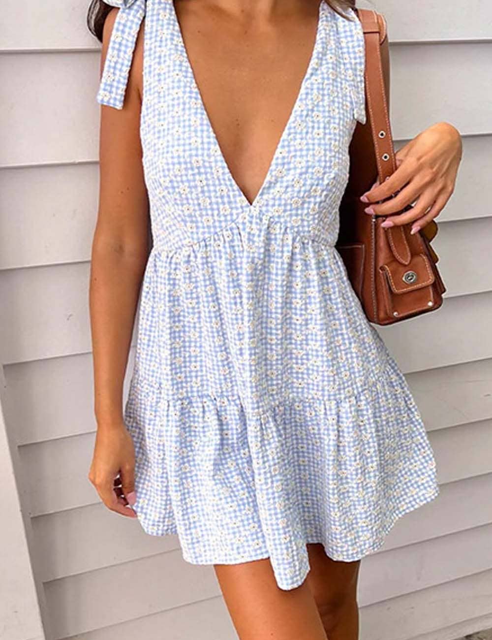 Dipped Shop - Casual Plaid Tie-Strap V-Neck Mini Dress DP25D577: Black / M