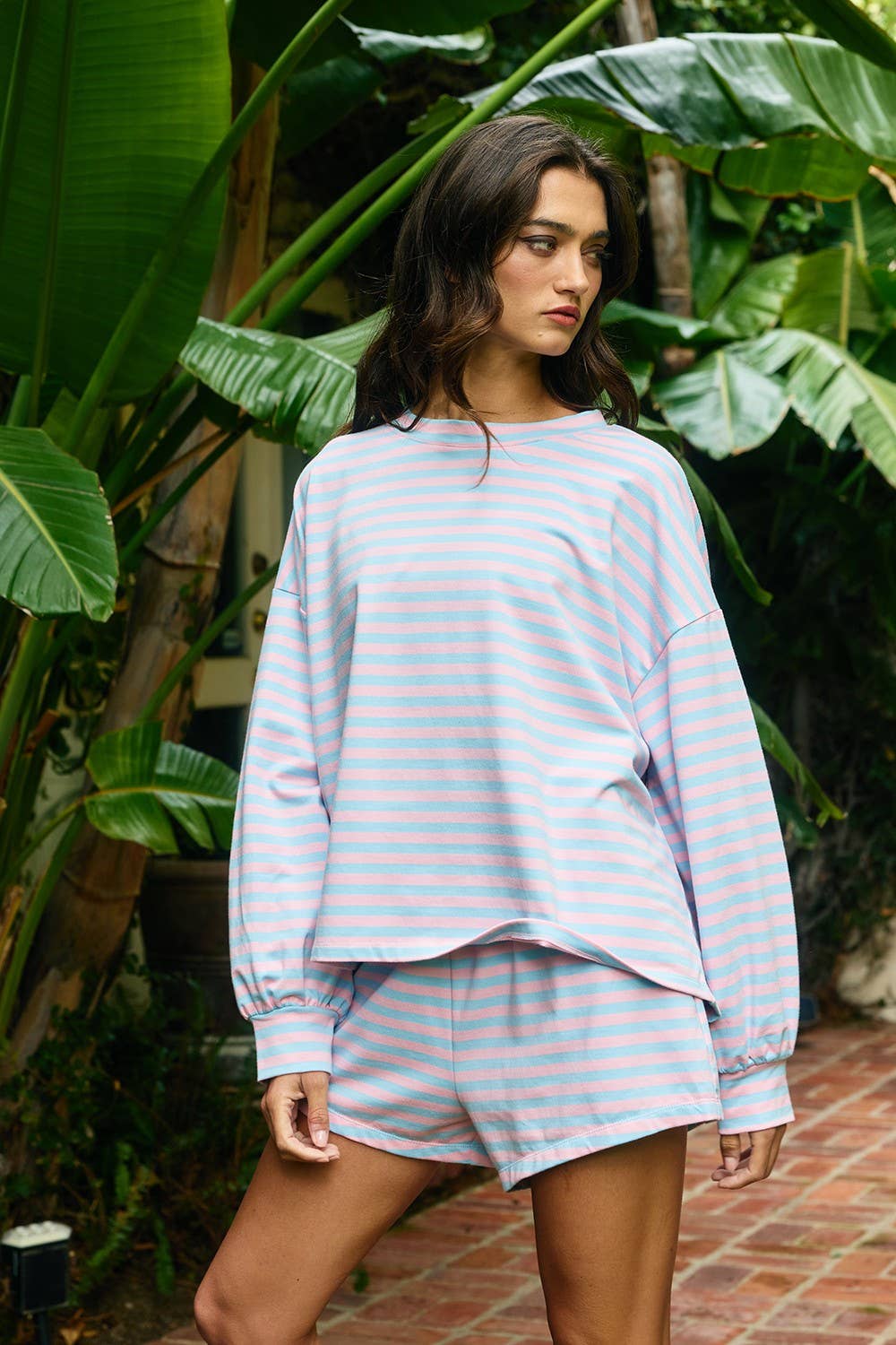 BUCKETLIST INC - IT2819 | Oversized Semi Crop Striped T-shirt Top: GREY/IVORY / S-M-L (2-2-2)