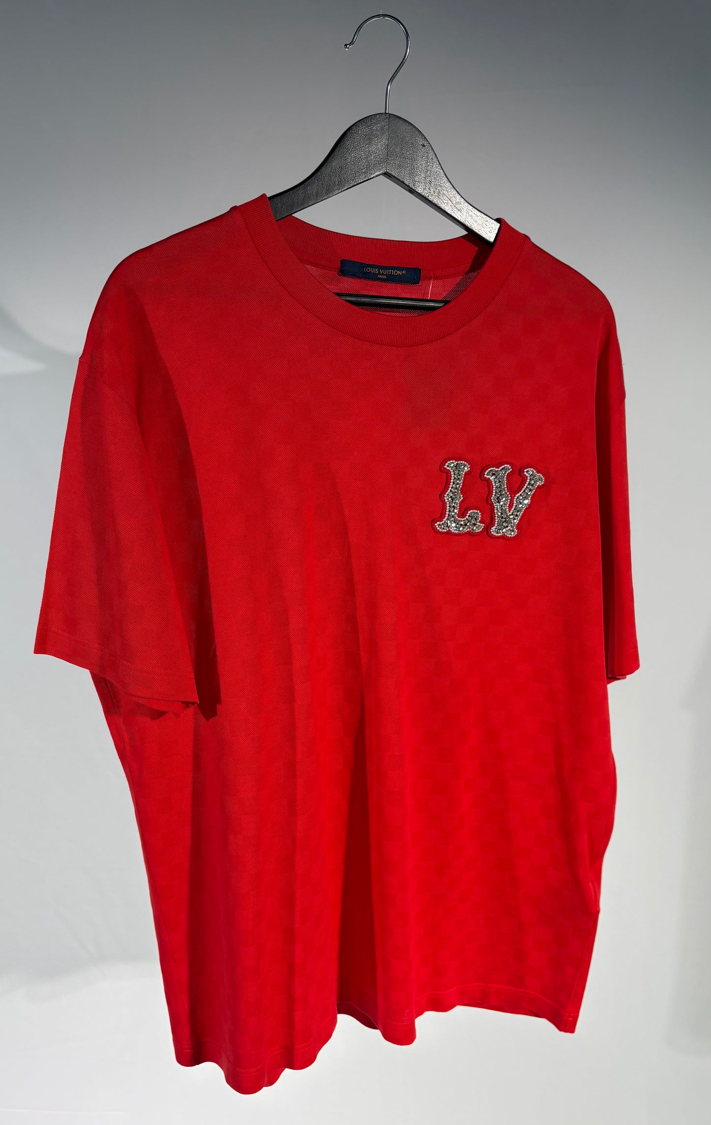 Red Louis Vuitton LV Rhinestone Logo Tee