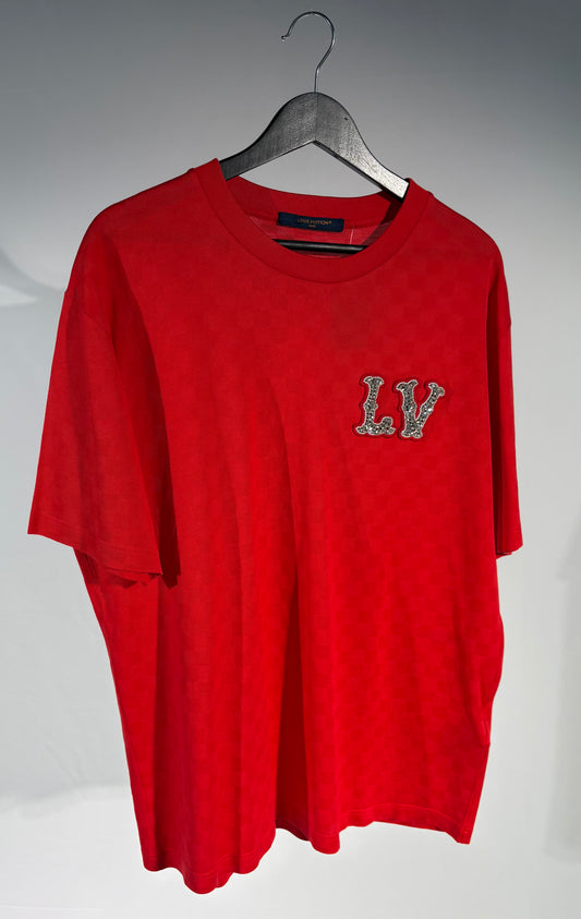 Red Louis Vuitton LV Rhinestone Logo Tee