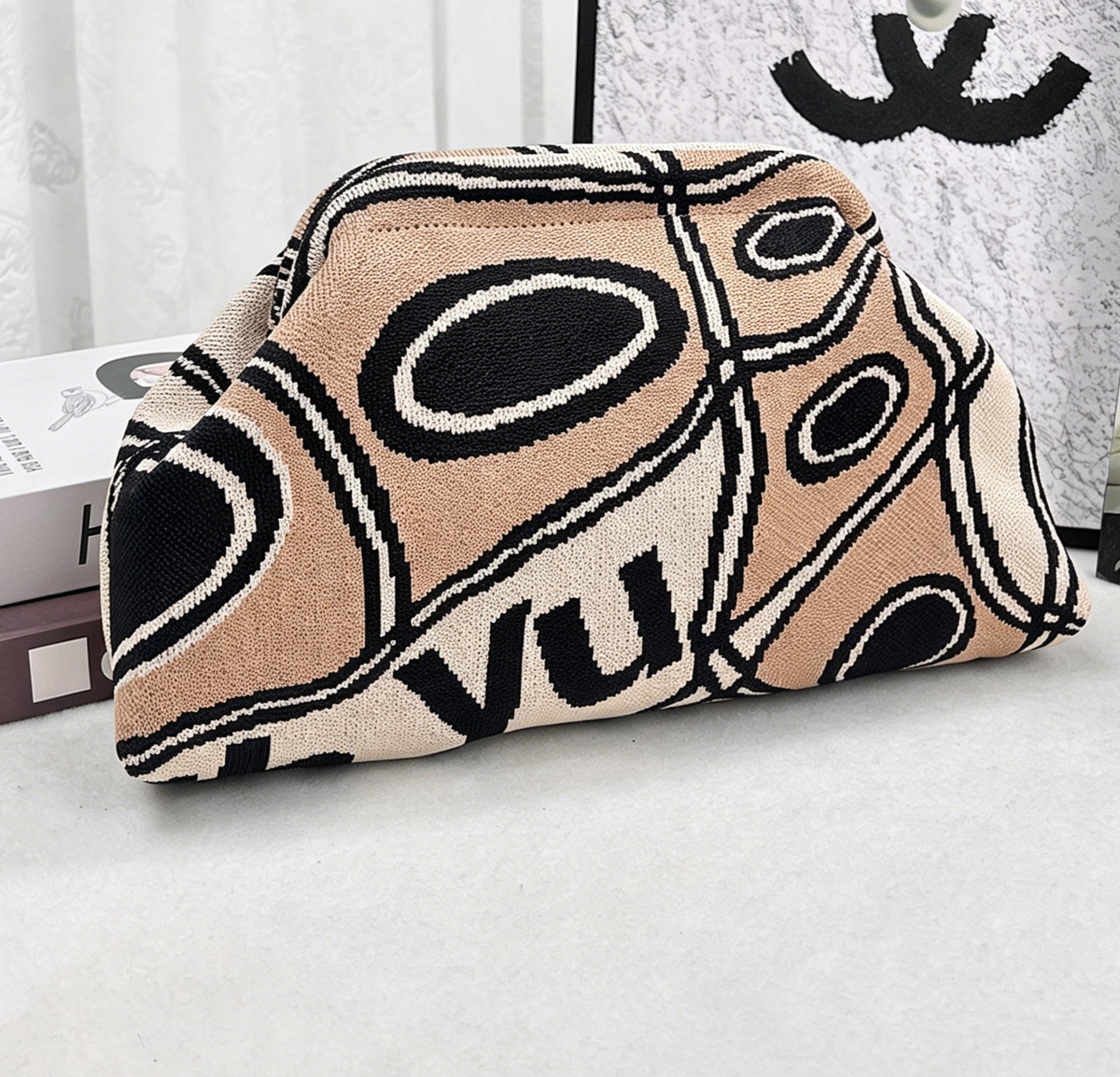 MKS America - Stripe Knit Cosmetic Bag Geo Pattern Storage Clutch: JBlack / M