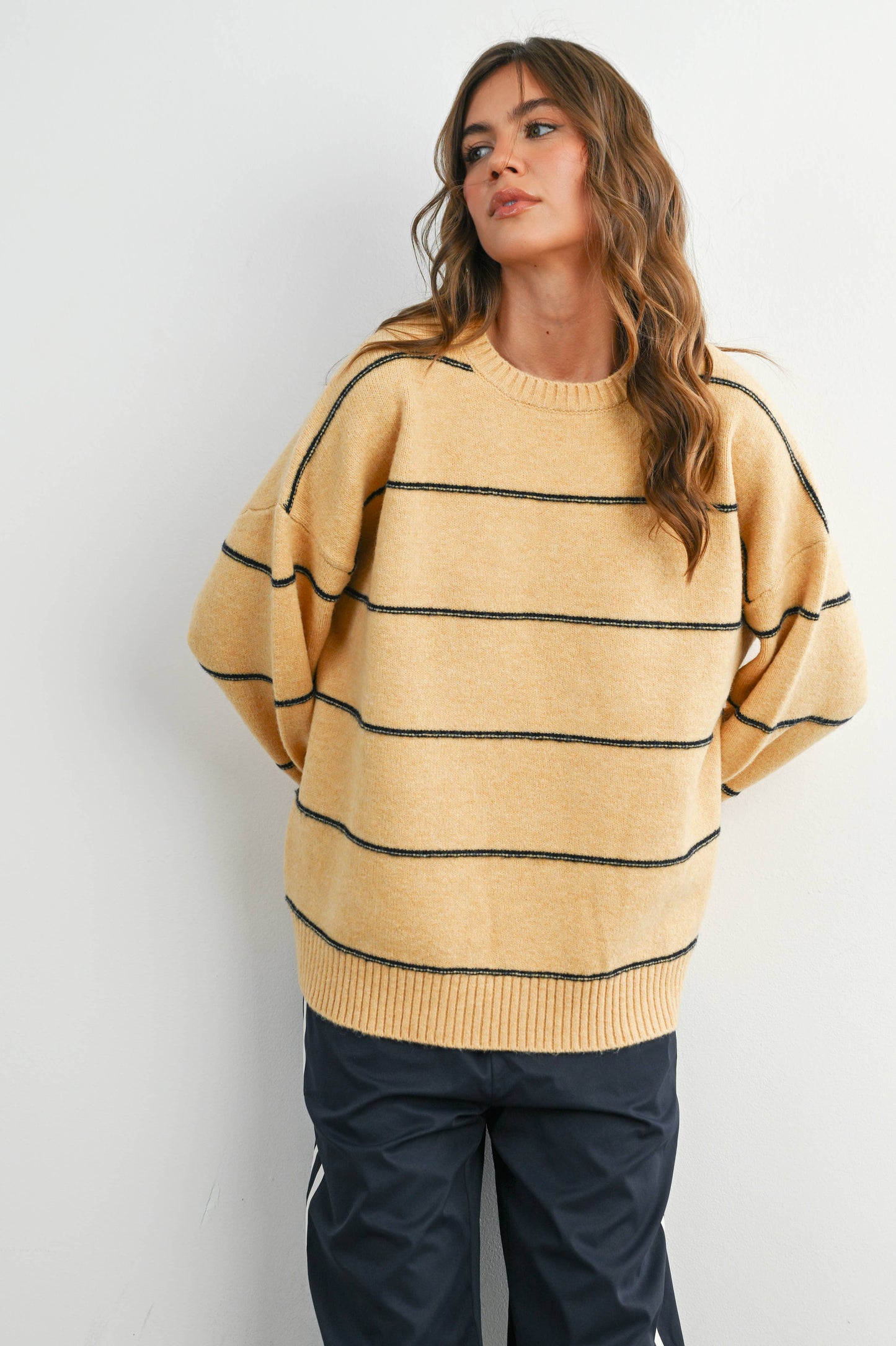 BUTTERMELON - Striped Pattern Drop Shoulder Sweater - BMW7421: MARIGOLD MULTI / S