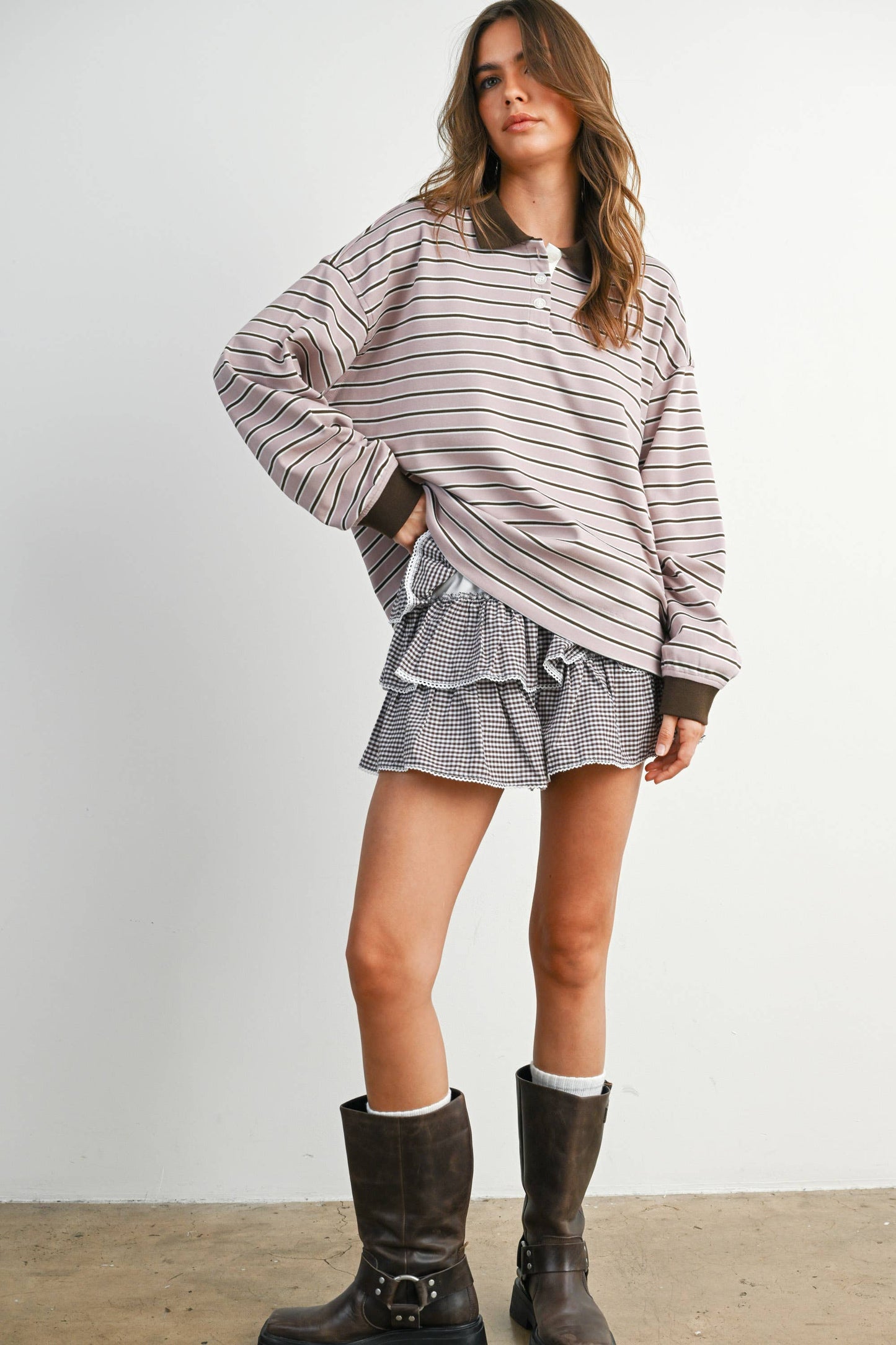 BUTTERMELON - Quarter-Button Striped Collared Long Sleeve Top - BMT7874: IVORY / BLACK / S