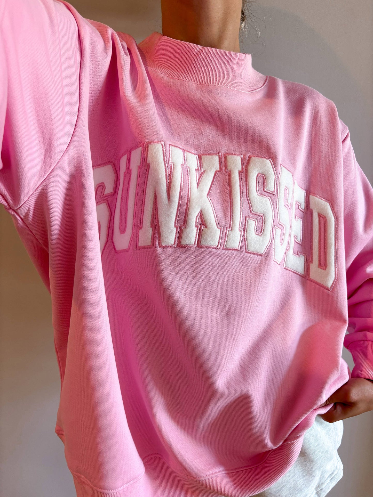 Sunkissed Coconut - Lottie Pink Varsity Sunkissed Embroidered Mockneck Sweatshirt 100% Cotton: Lottie Pink / Small