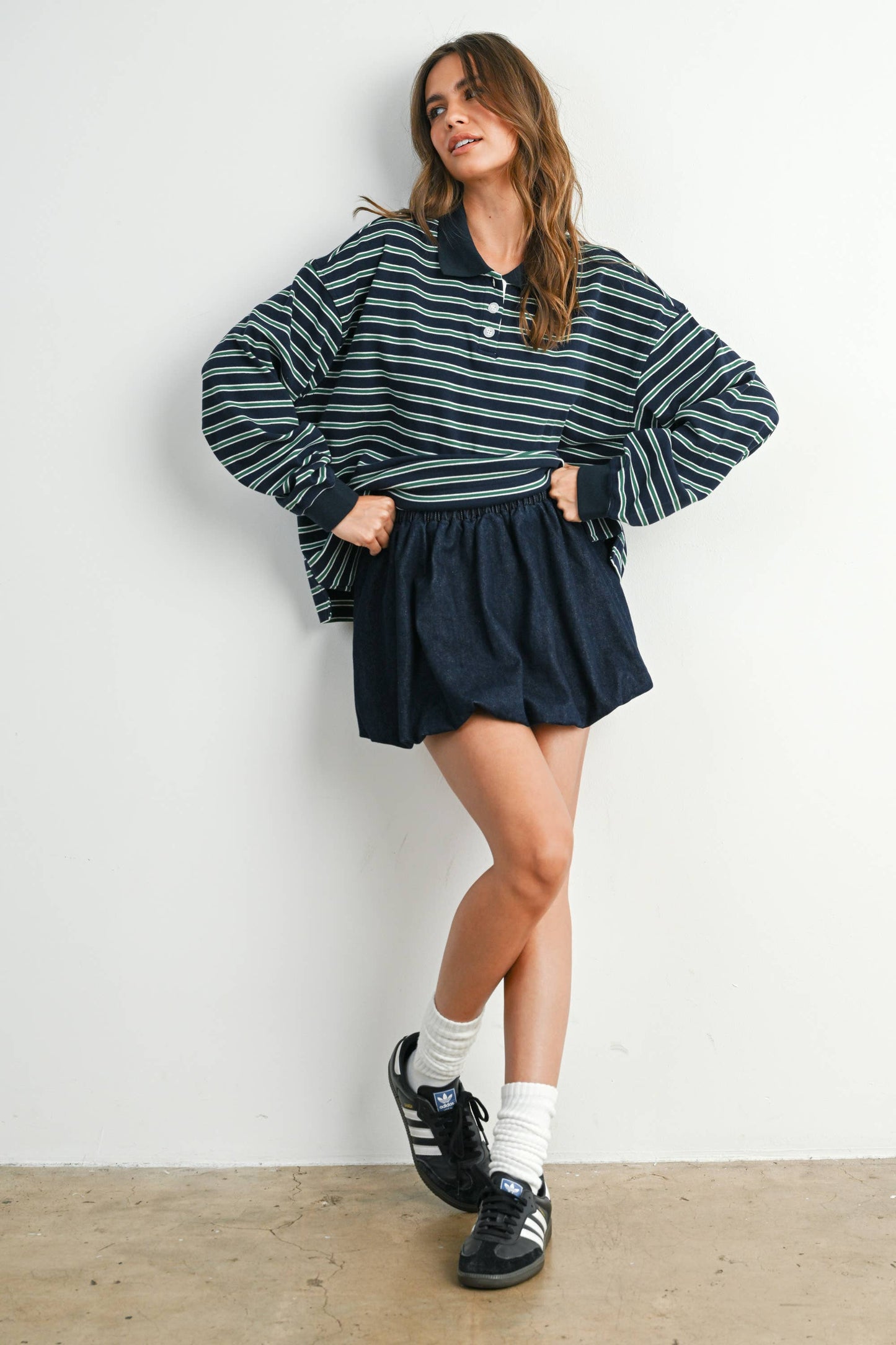 BUTTERMELON - Quarter-Button Striped Collared Long Sleeve Top - BMT7874: IVORY / BLACK / S
