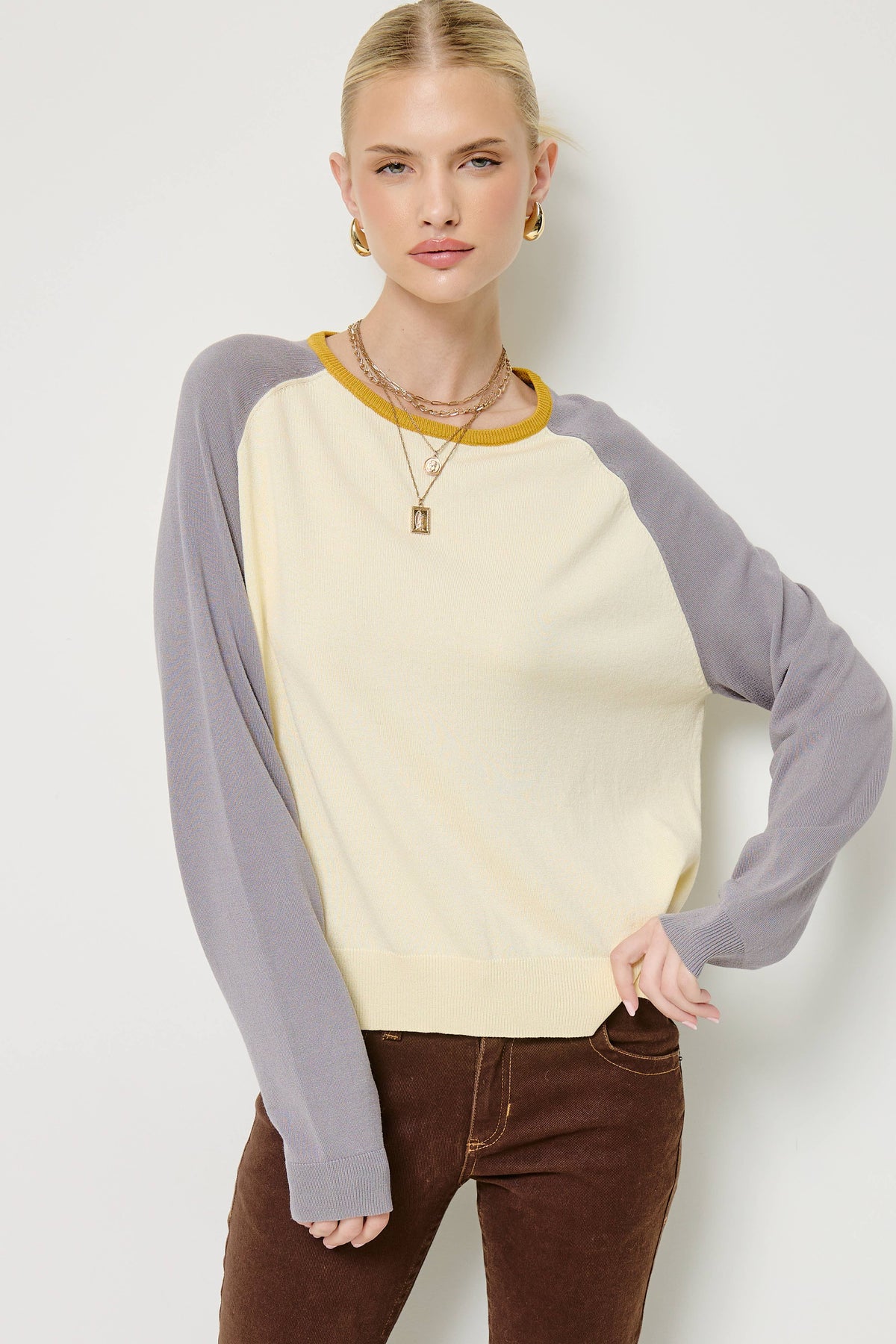 Mimosa - Colorblock Raglan Sleeve Knit Sweater: Lemonade / L