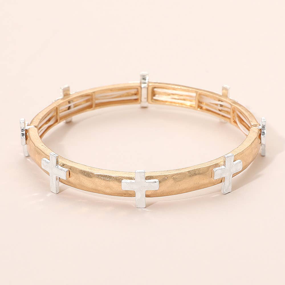 Sensibling Corp. - Hammered Brushed Metal Cross Accent Stretch Bracelet: Worn Gold