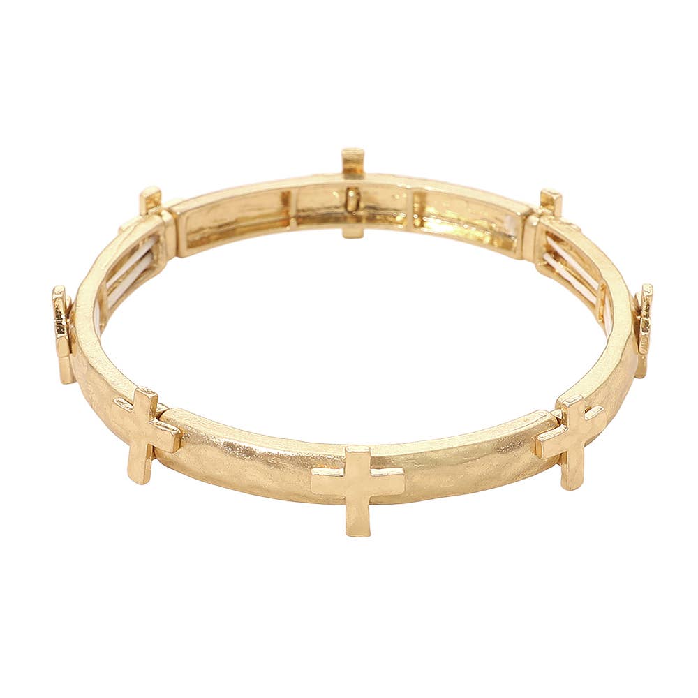 Sensibling Corp. - Hammered Brushed Metal Cross Accent Stretch Bracelet: Worn Gold