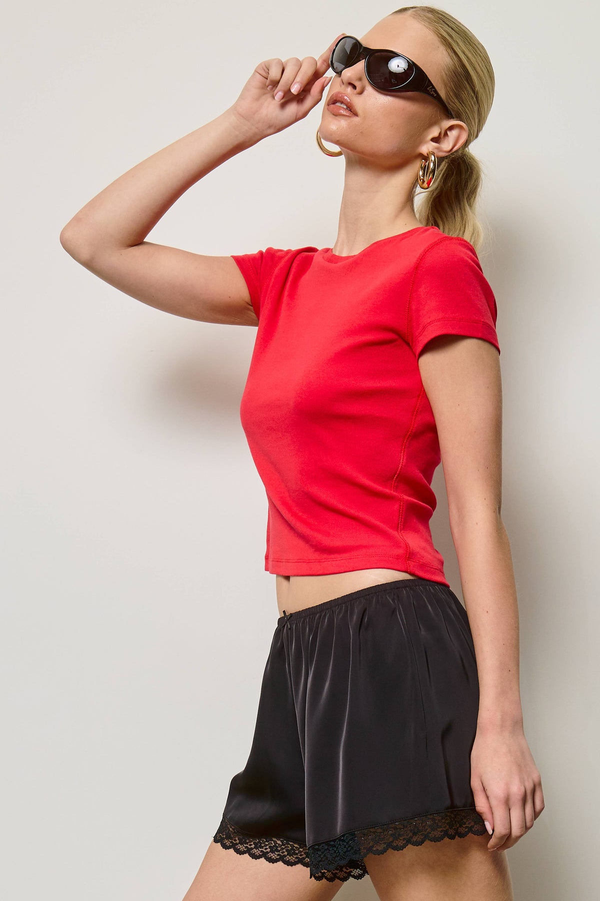 Mimosa - Basic Short Sleeve Baby Tee Knit Top: Charcoal / L