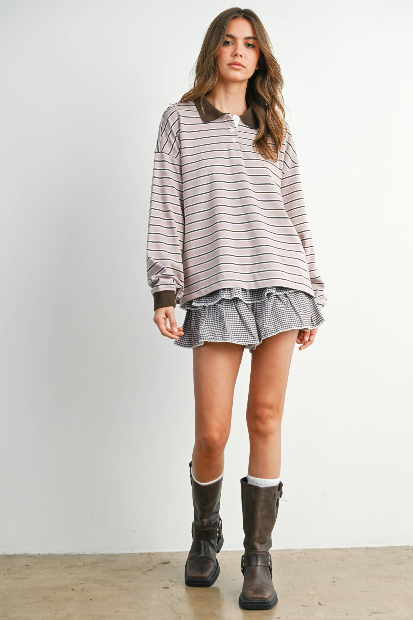 BUTTERMELON - Quarter-Button Striped Collared Long Sleeve Top - BMT7874: IVORY / BLACK / L
