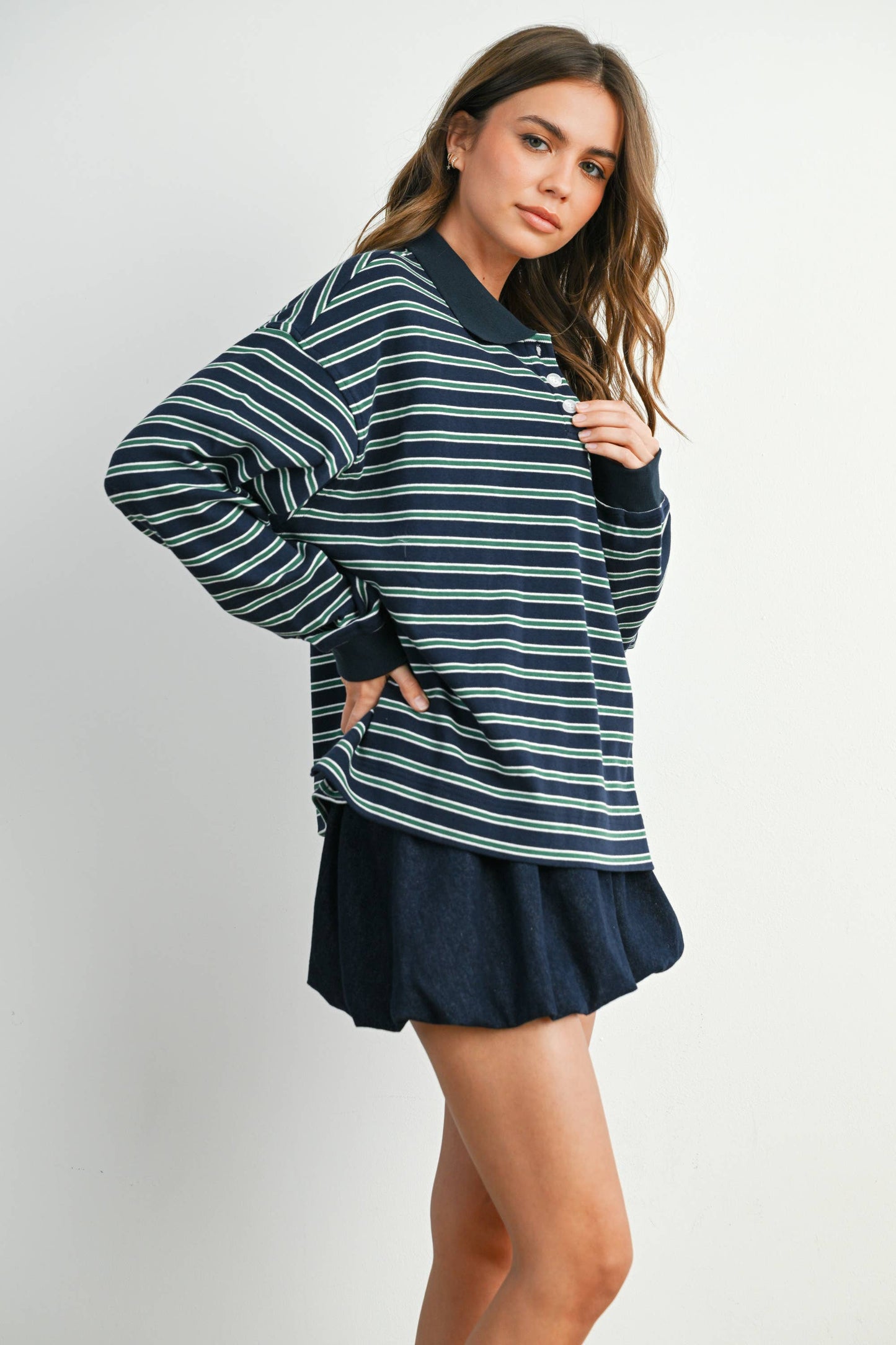 BUTTERMELON - Quarter-Button Striped Collared Long Sleeve Top - BMT7874: IVORY / BLACK / L