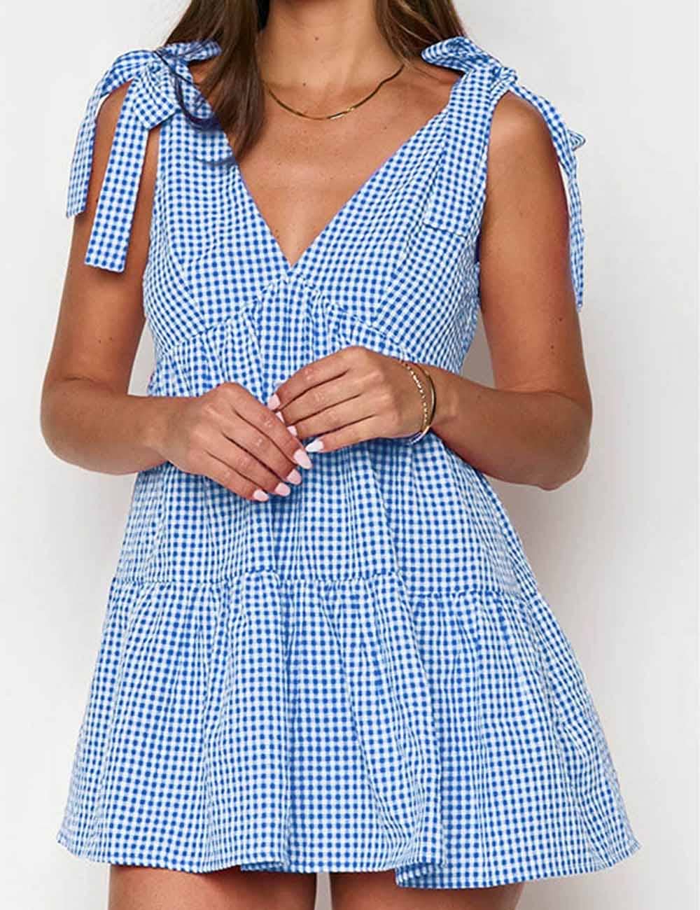 Dipped Shop - Casual Plaid Tie-Strap V-Neck Mini Dress DP25D577: Black / M