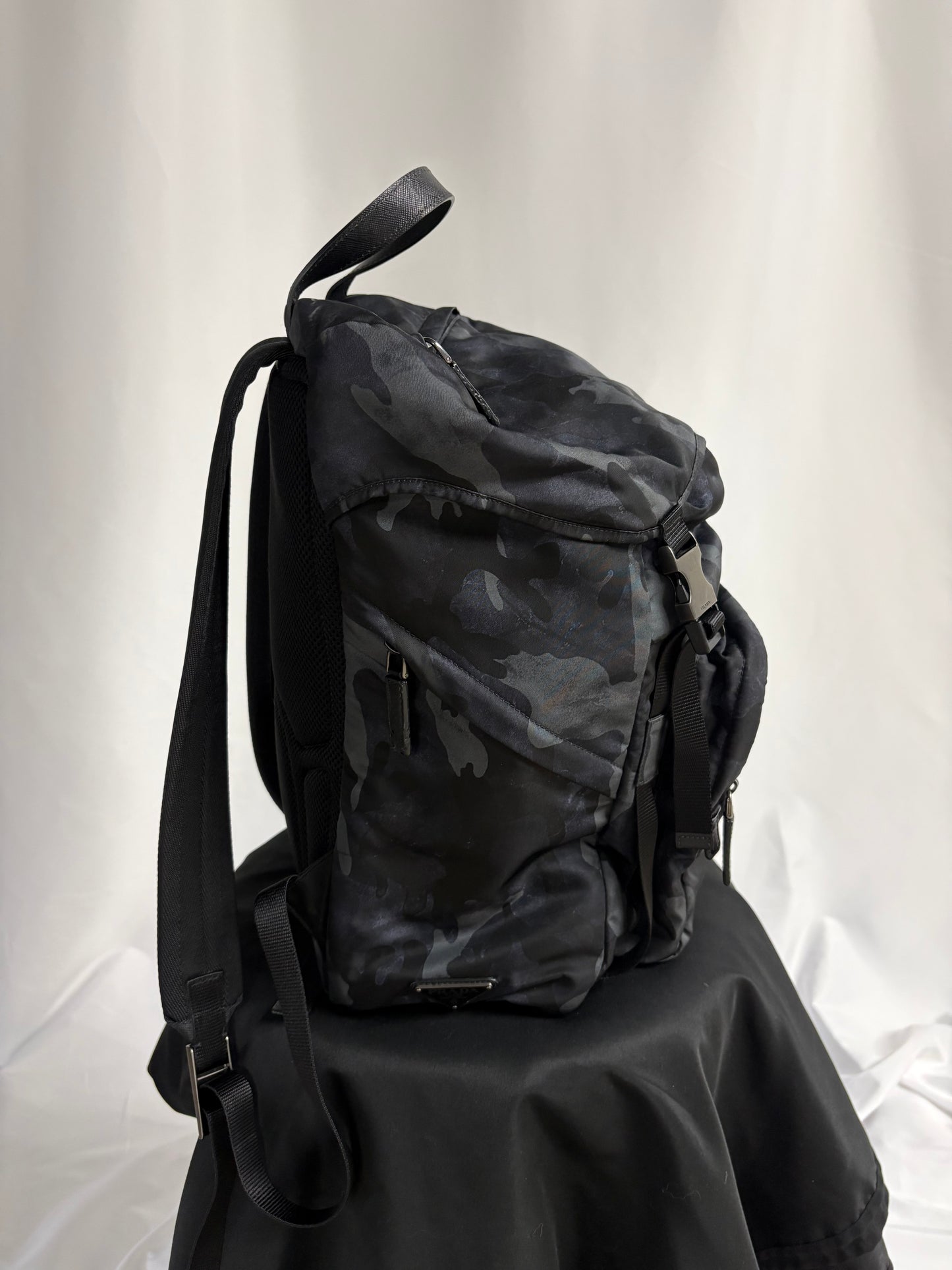Prada Tessuto Nylon Camouflage Double Buckle Backpack Fumo