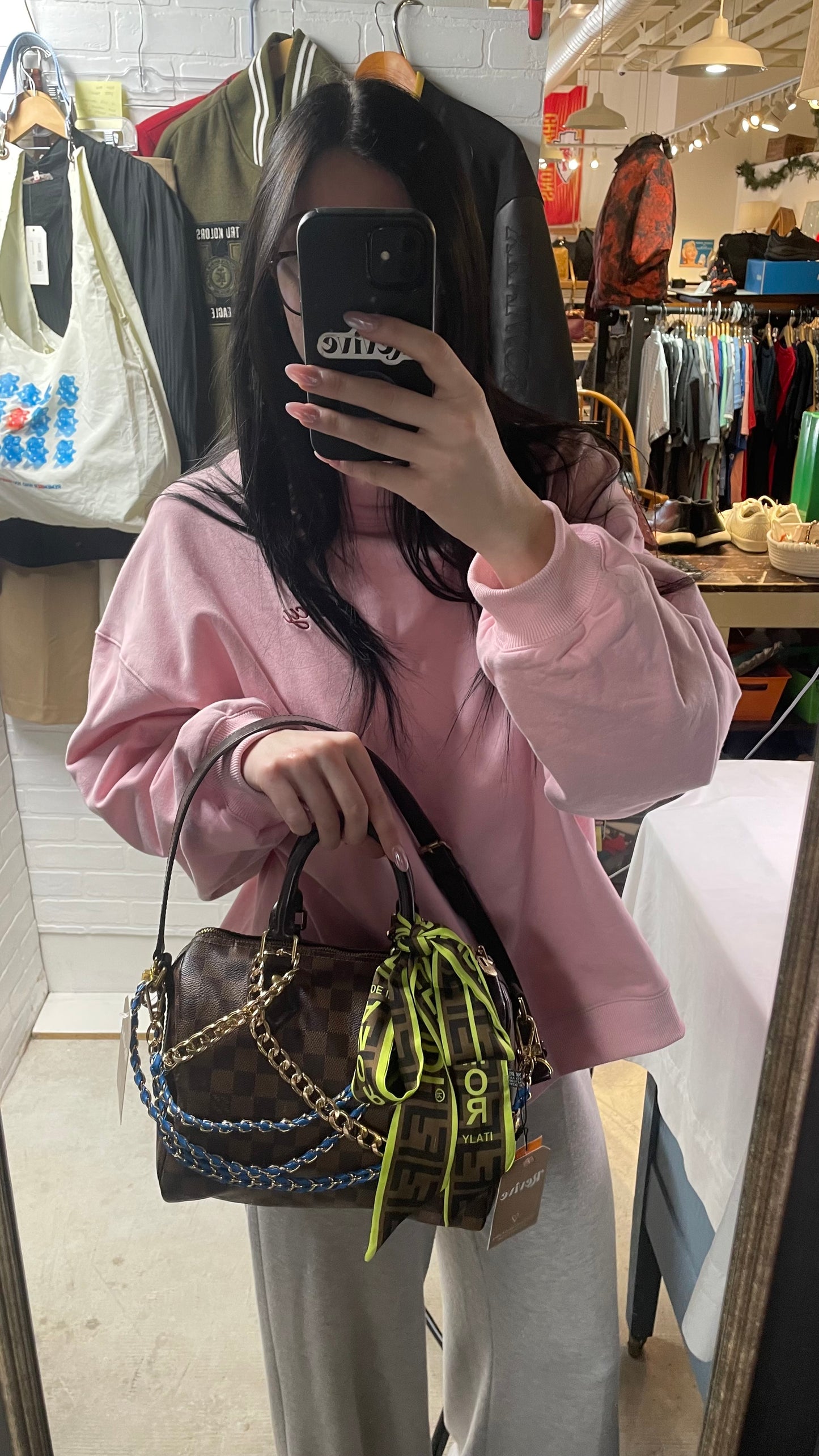 Luxury Purse Charm Bundle – Gold Chain Strap, Blue Chain Strap & Monogram Satin Scarf