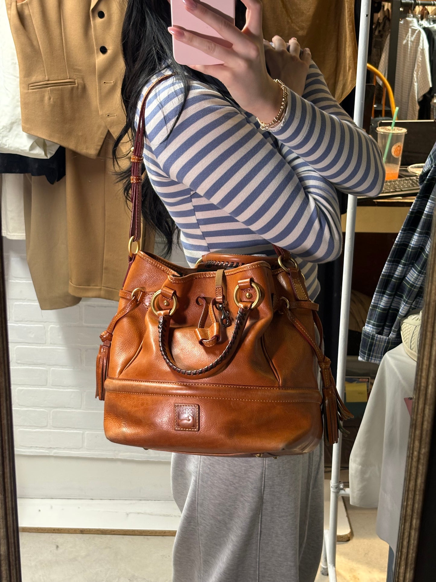 Dooney & Bourke Brown Leather Drawstring Bucket Bag with Tassels