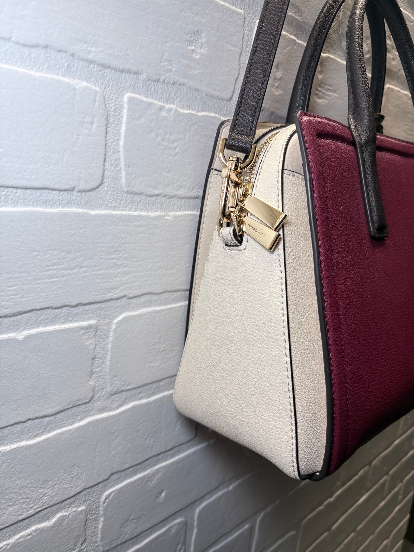 Michael Kors Colorblock Leather Satchel Crossbody Bag – Burgundy, Black & Cream