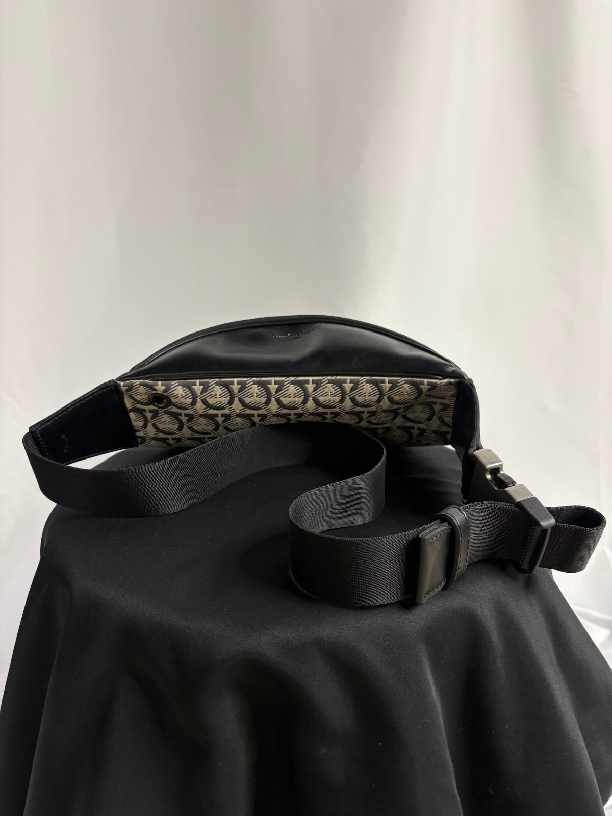 Salvatore Ferragamo Gancini Monogram Belt Bag Black Beige Calfskin Waist Bag