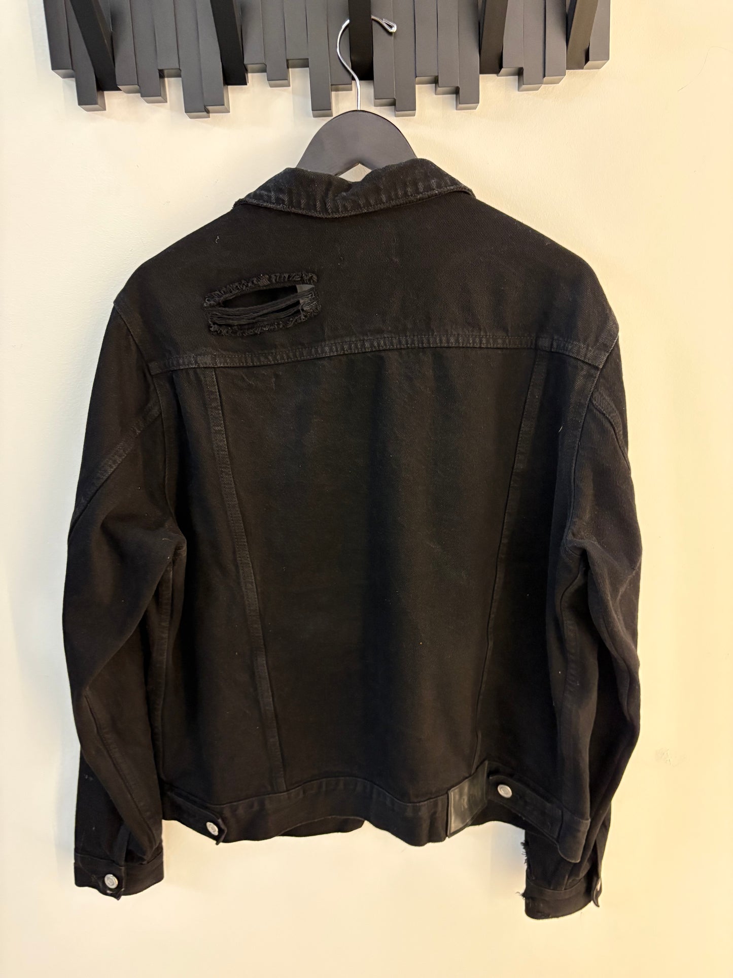 RtA Road to Awe Black Distressed Denim Trucker Jacket Embroidered Logo