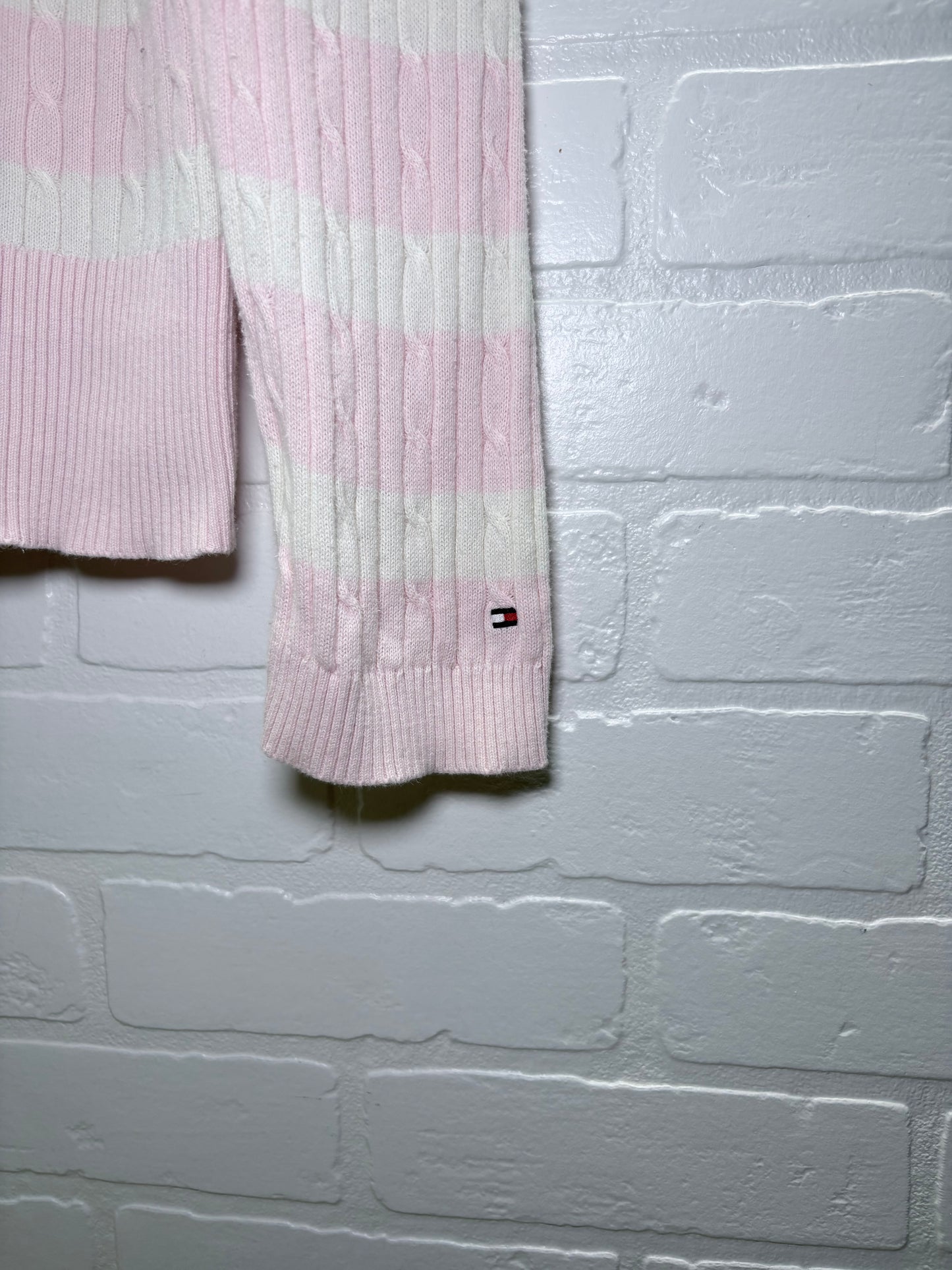 Tommy Hilfiger Pink & White Stripe Cable-Knit V-Neck Sweater – Size XL