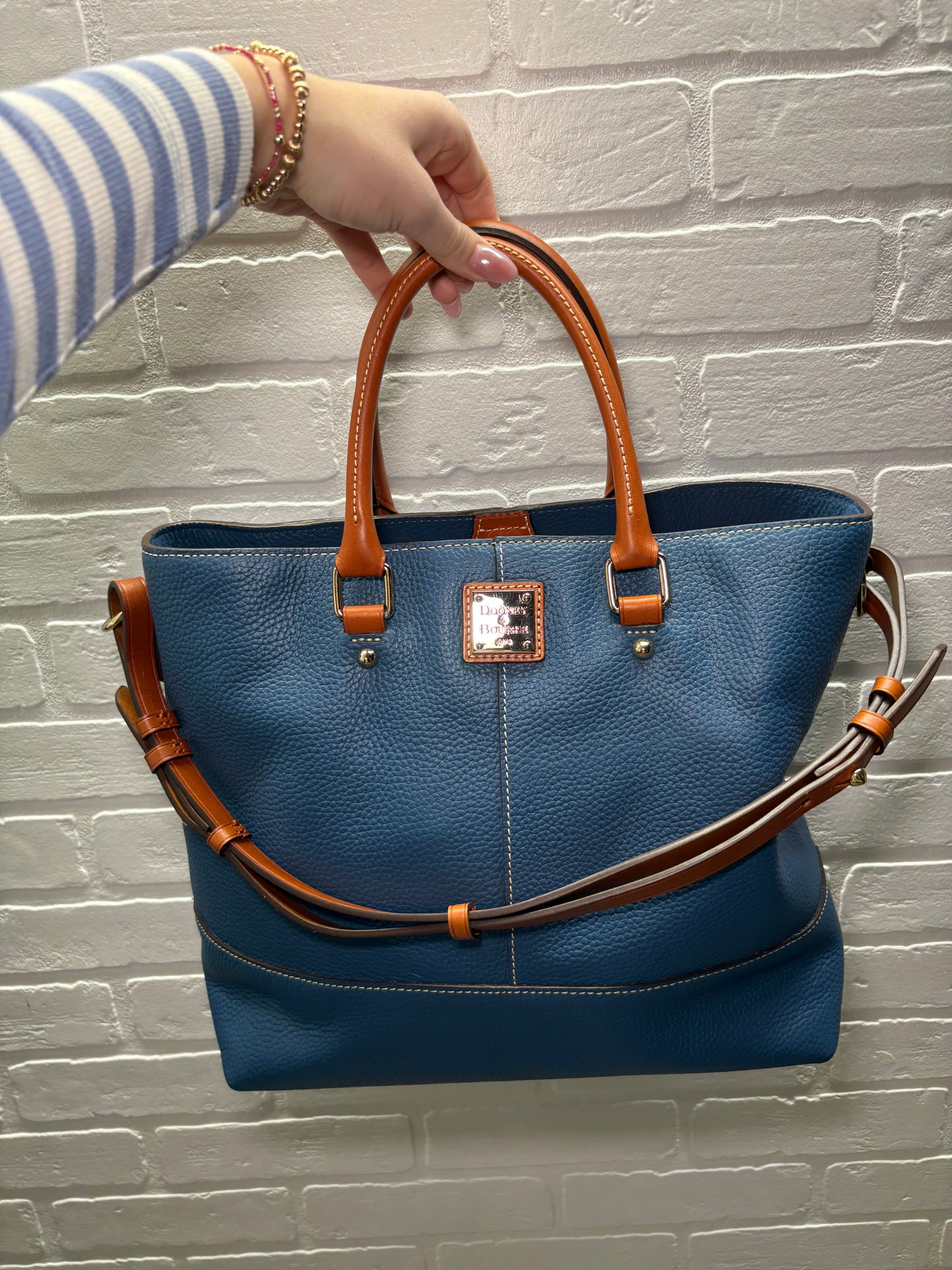 Dooney & Bourke Blue Pebbled Leather Tote with Tan Trim