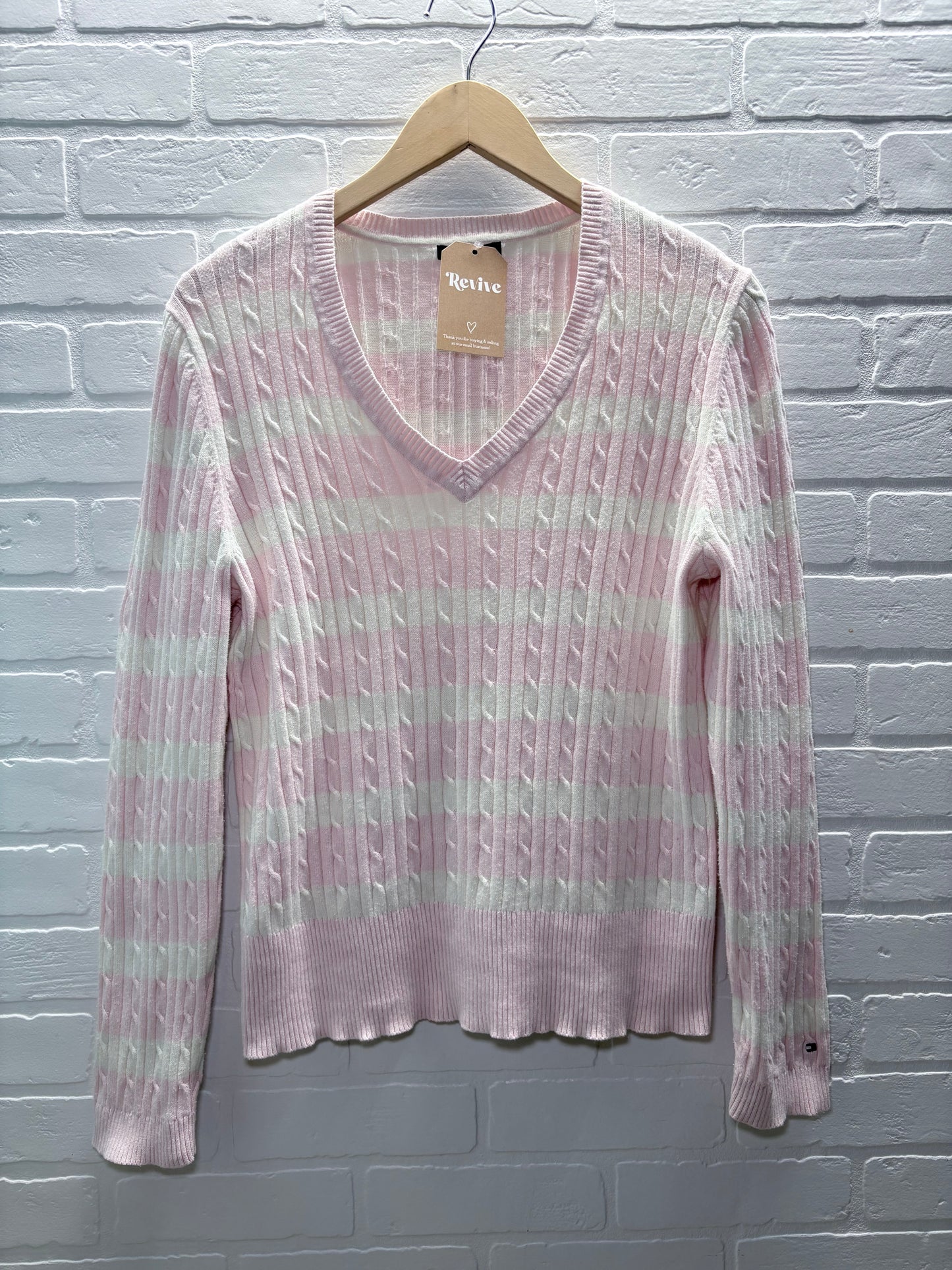 Tommy Hilfiger Pink & White Stripe Cable-Knit V-Neck Sweater – Size XL