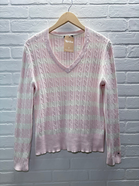 Tommy Hilfiger Pink & White Stripe Cable-Knit V-Neck Sweater – Size XL