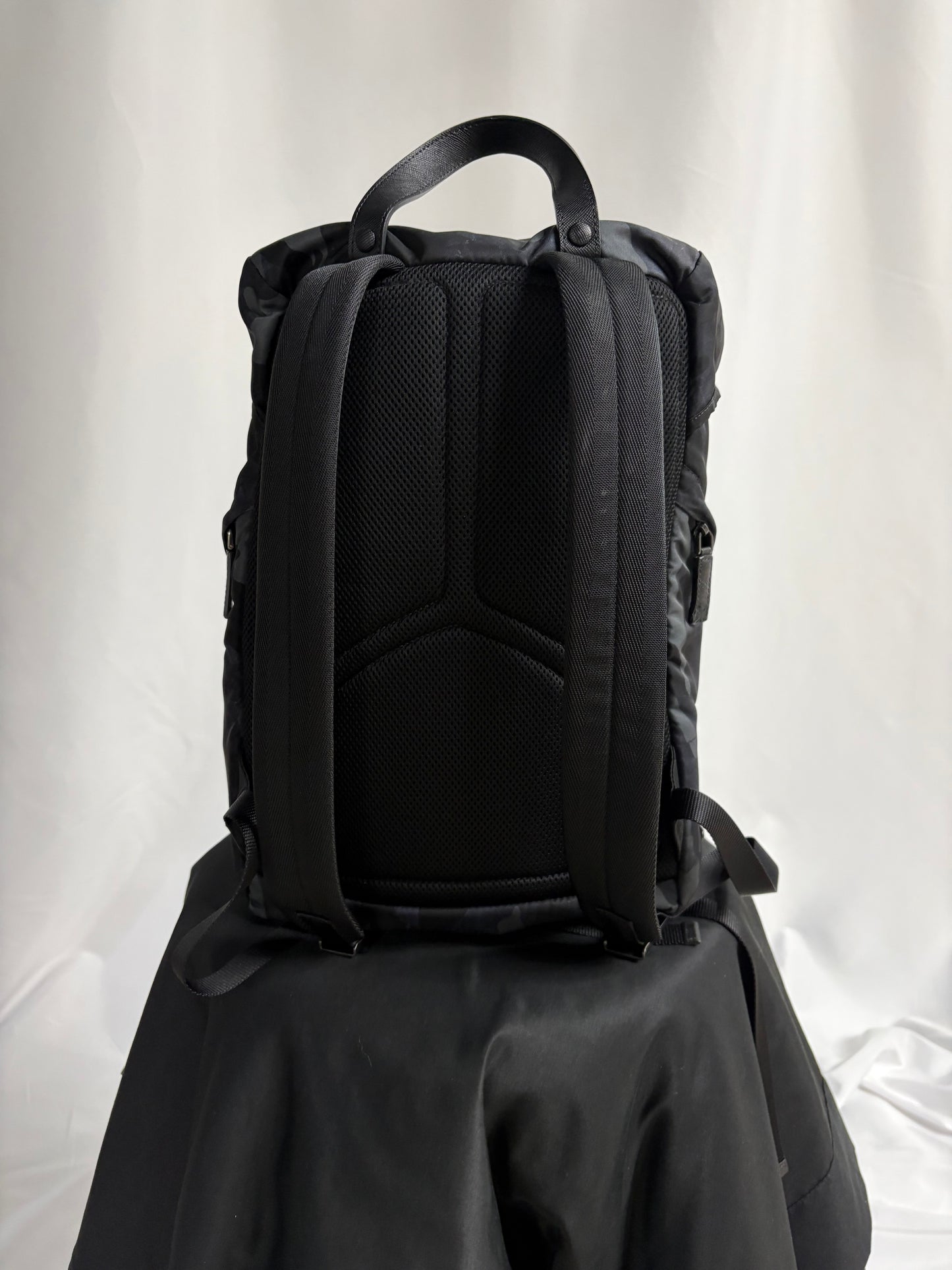 Prada Tessuto Nylon Camouflage Double Buckle Backpack Fumo
