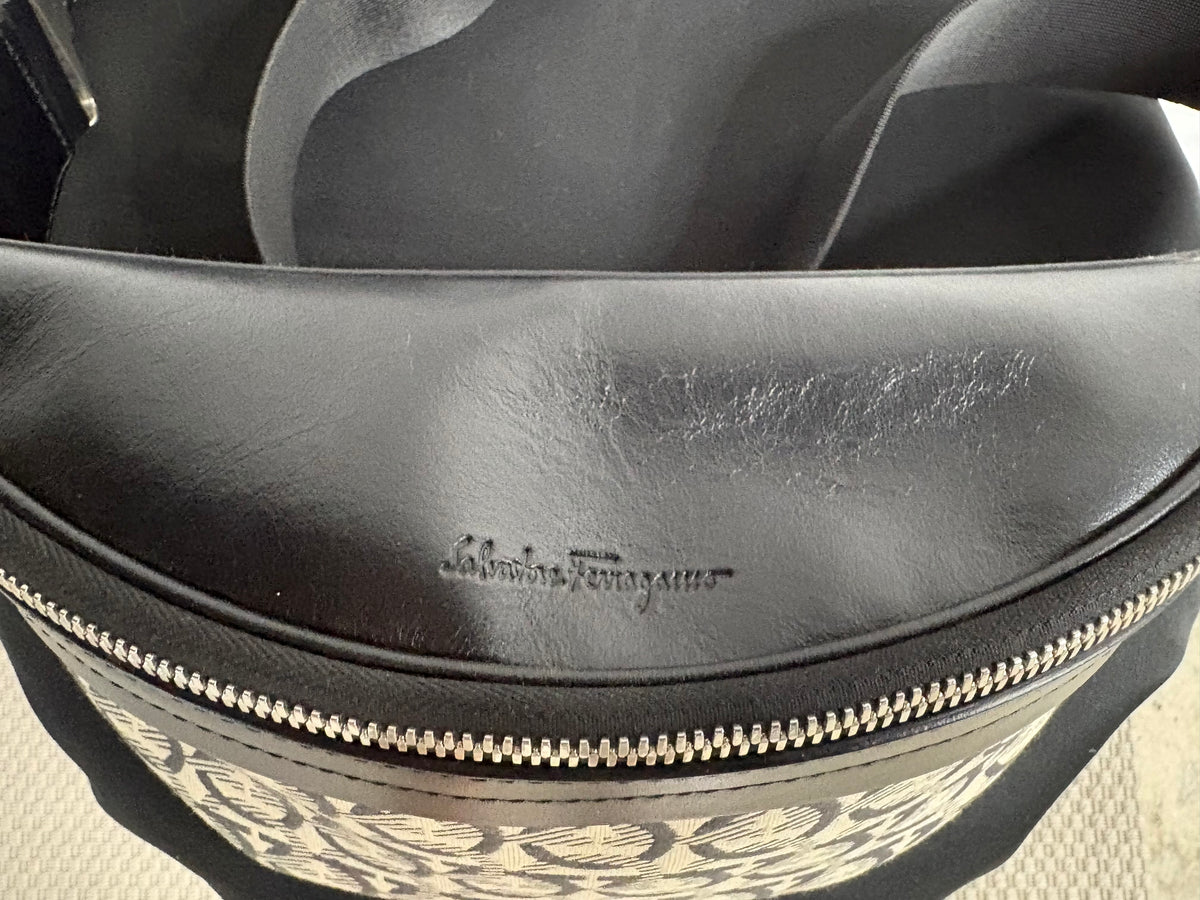 Salvatore Ferragamo Gancini Monogram Belt Bag Black Beige Calfskin Waist Bag