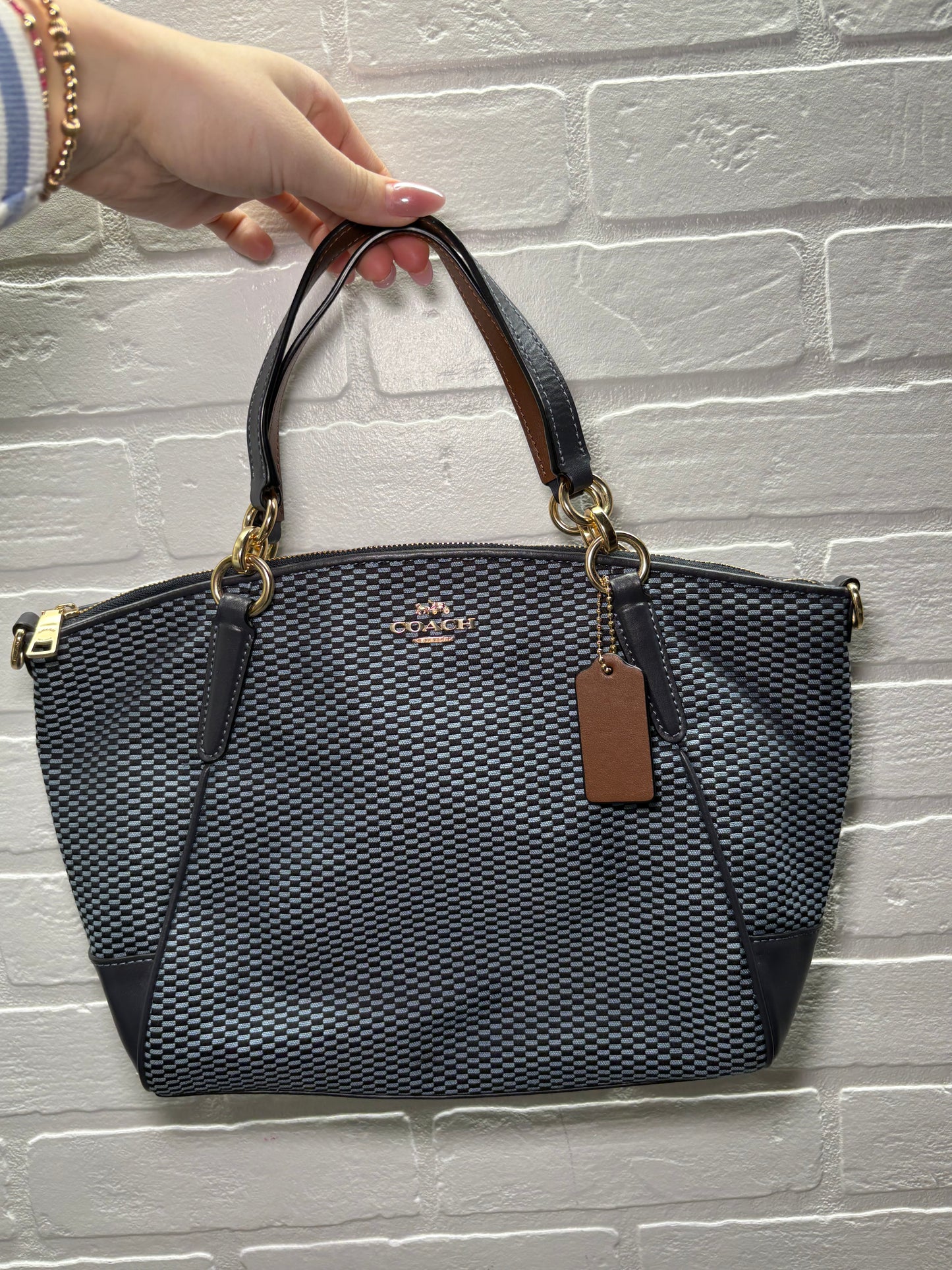 Coach Navy & Black Woven Signature Tote with Leather Trim